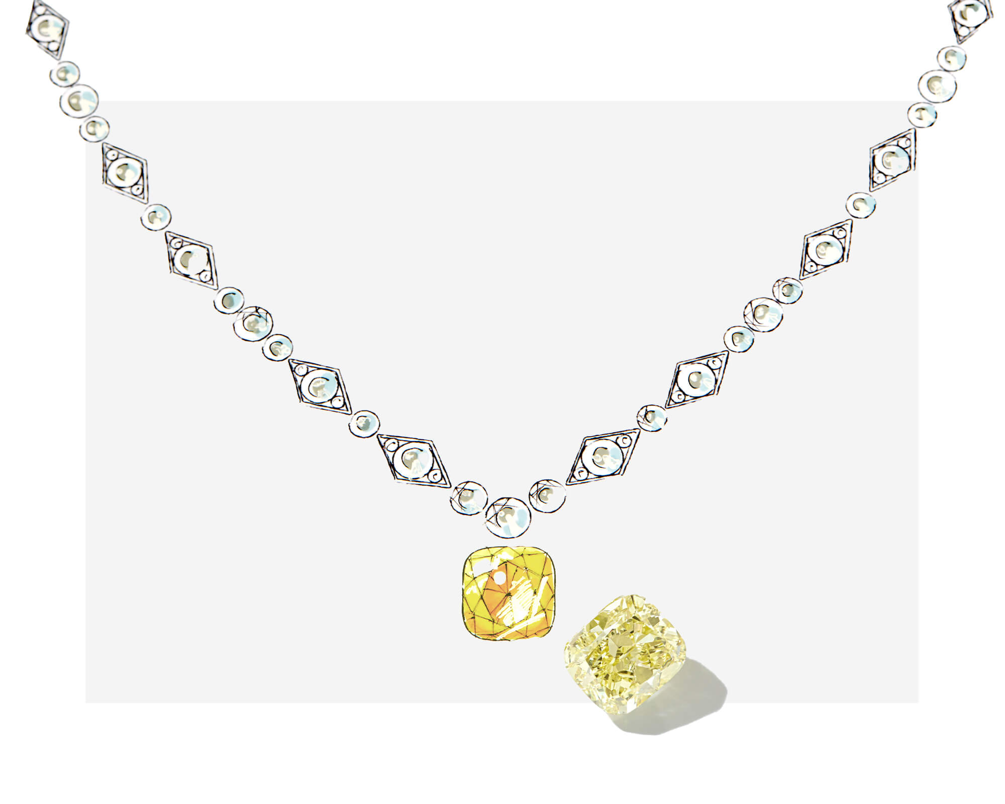 A Garrard bespoke high jewellery necklace skectch with a yellow diamond with light grey bg