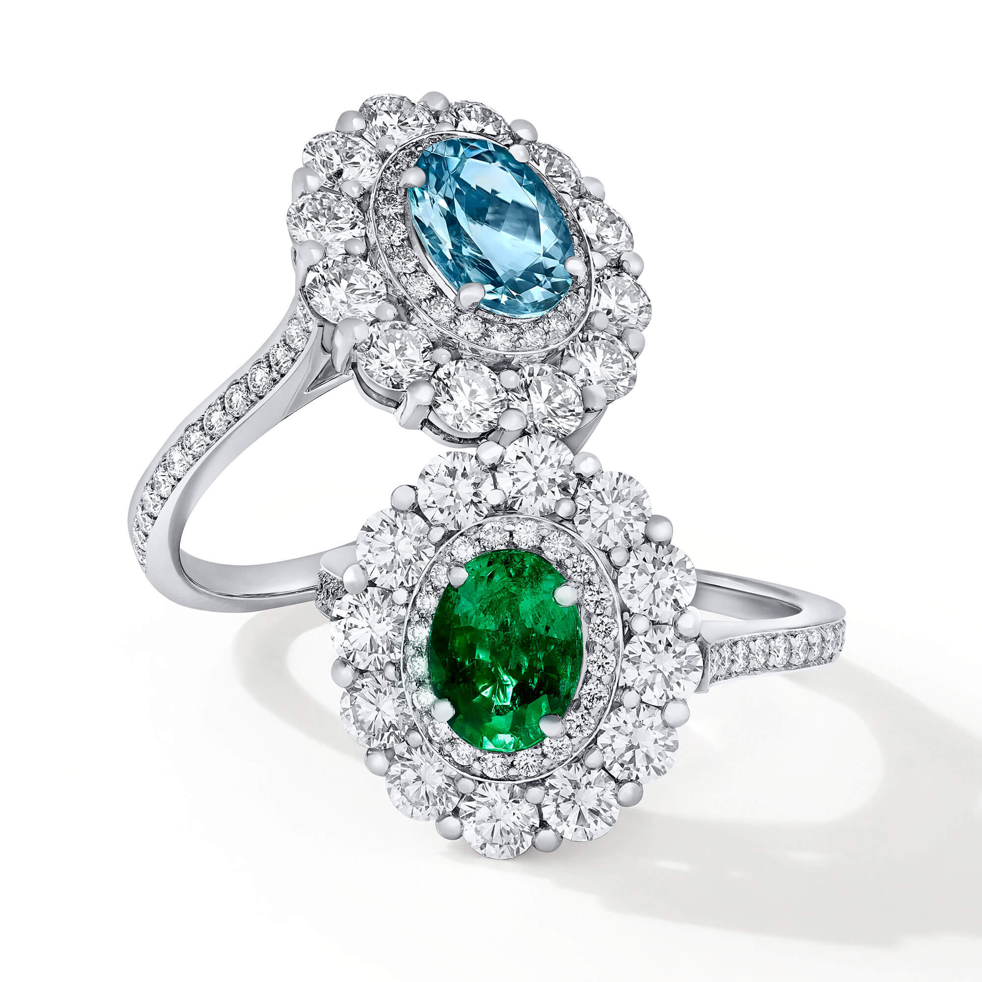 Garrard 1735 bridal jewellery Aquamarine and emerald Double Cluster Engagement Ring with Diamonds square