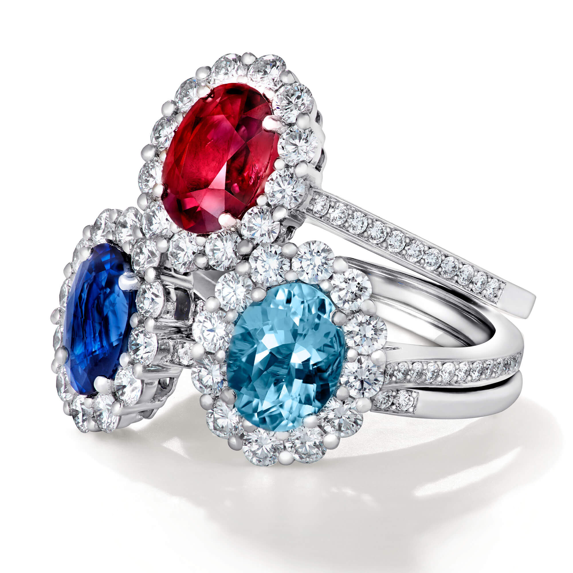 Garrard 1735 bridal jewellery Sapphire Aquamarine and ruby Cluster Engagement Ring with Diamonds