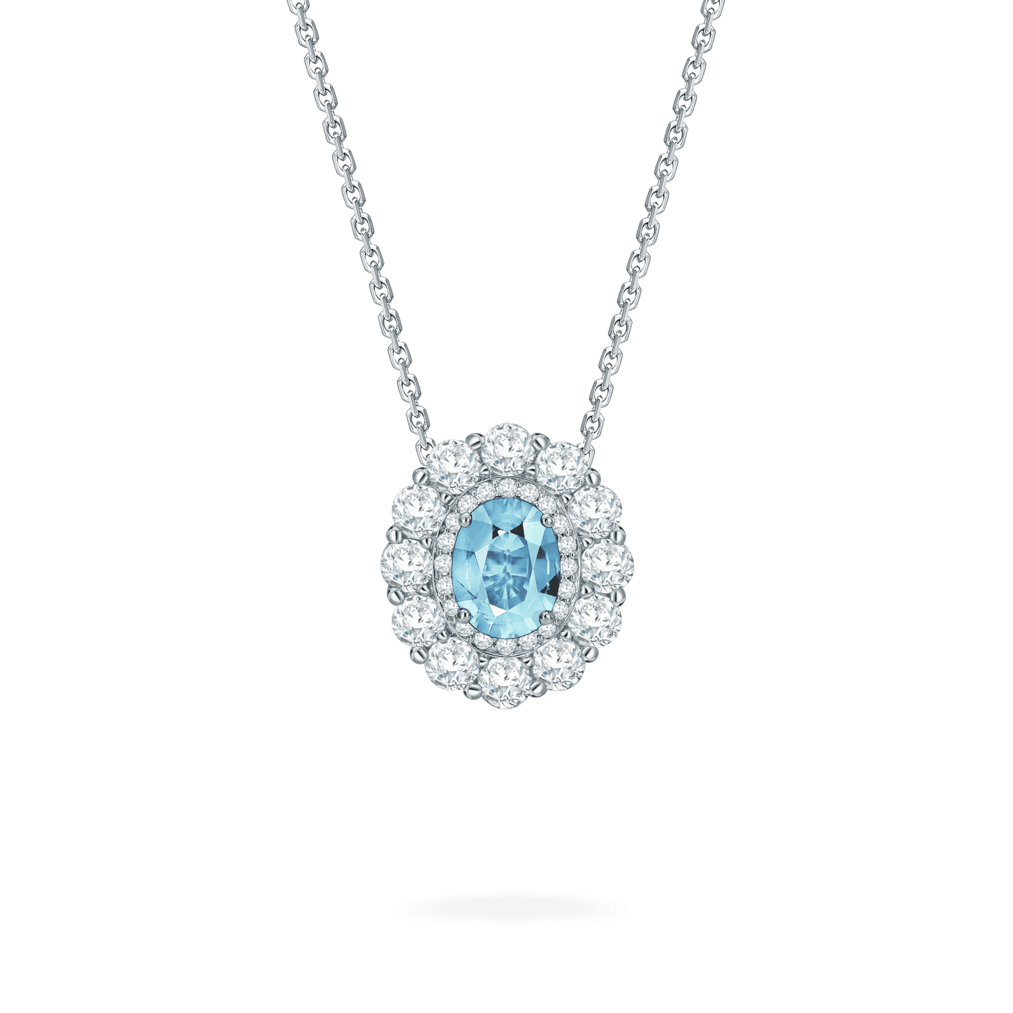 Garrard 1735 jewellery collection Aquamarine Double Cluster Pendant in Platinum with Diamonds JP17PT11 Hero View Fixed