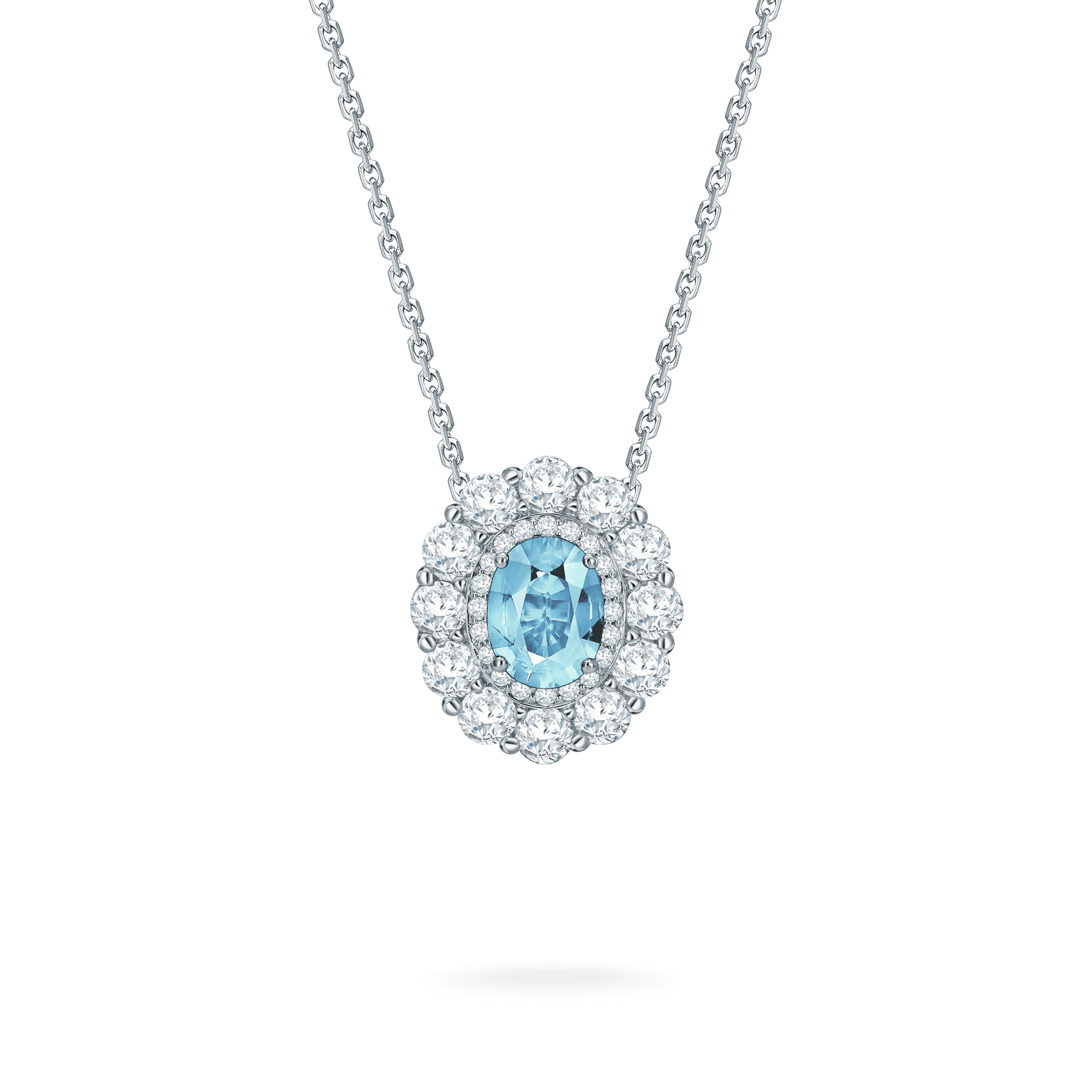 Garrard 1735 jewellery collection Aquamarine Double Cluster Pendant in Platinum with Diamonds JP17PT11 Hero View Fixed Garrard 1735 jewellery collection Aquamarine Double Cluster Pendant in Platinum with Diamonds JP17PT11 Hero View Fixed