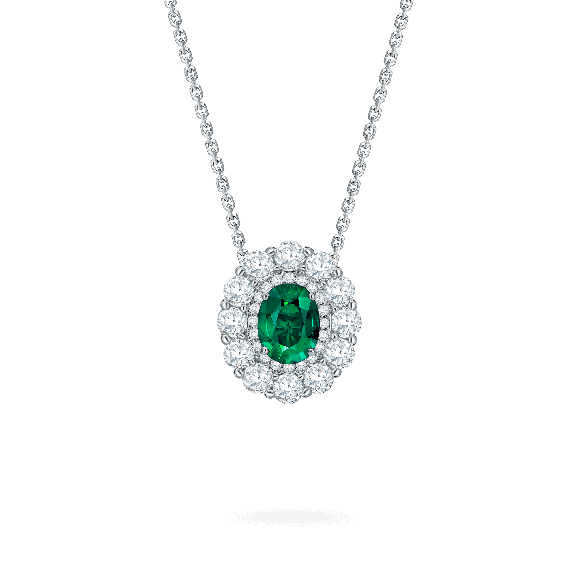 Garrard 1735 jewellery collection Emerald Double Cluster Pendant in Platinum with Diamonds JP17PT11 Hero View Fixed