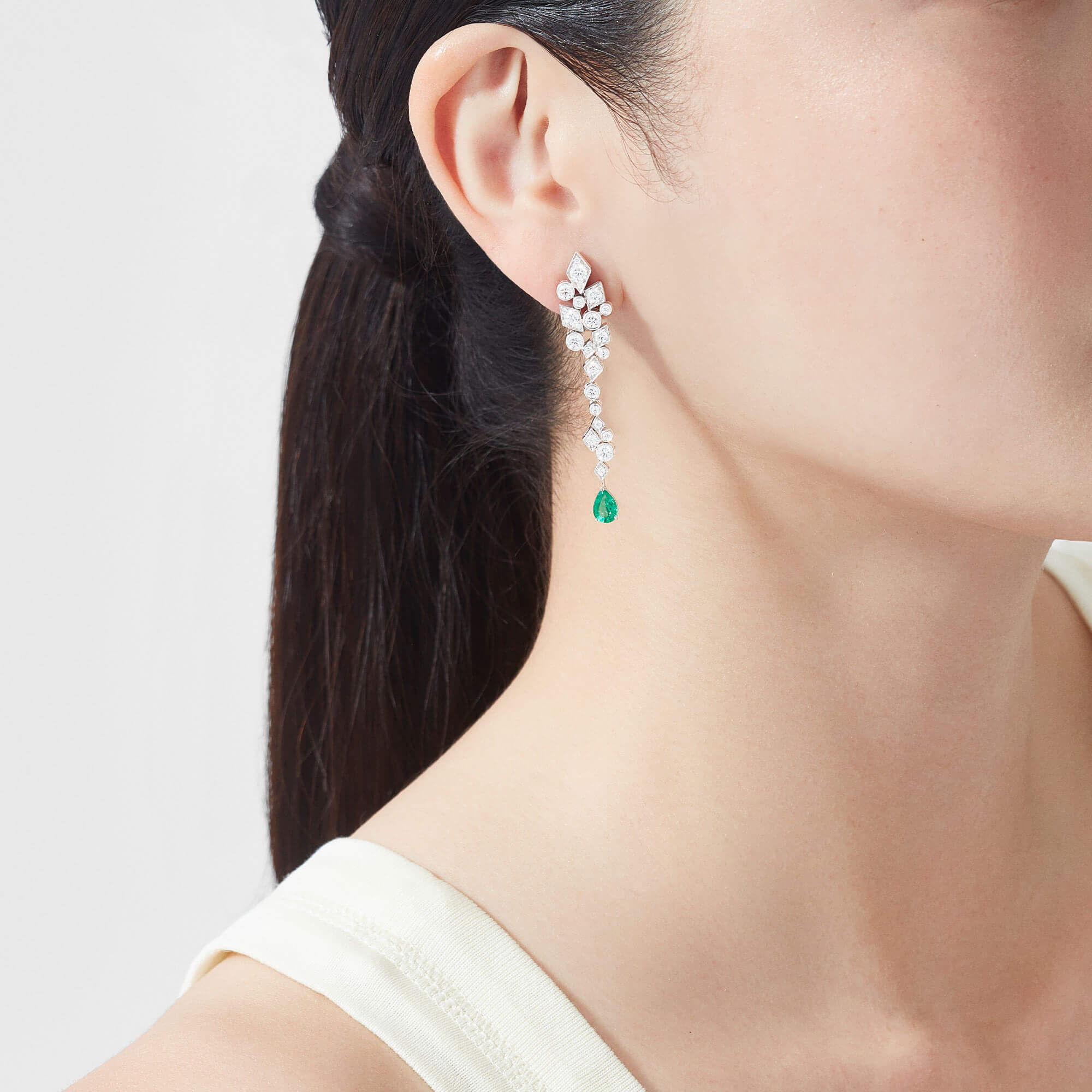 Garrard Albemarle Abstract jewellery collection Transformable Diamond Earrings In 18ct White Gold, 2017415, with emerald drops, 2018509, on model