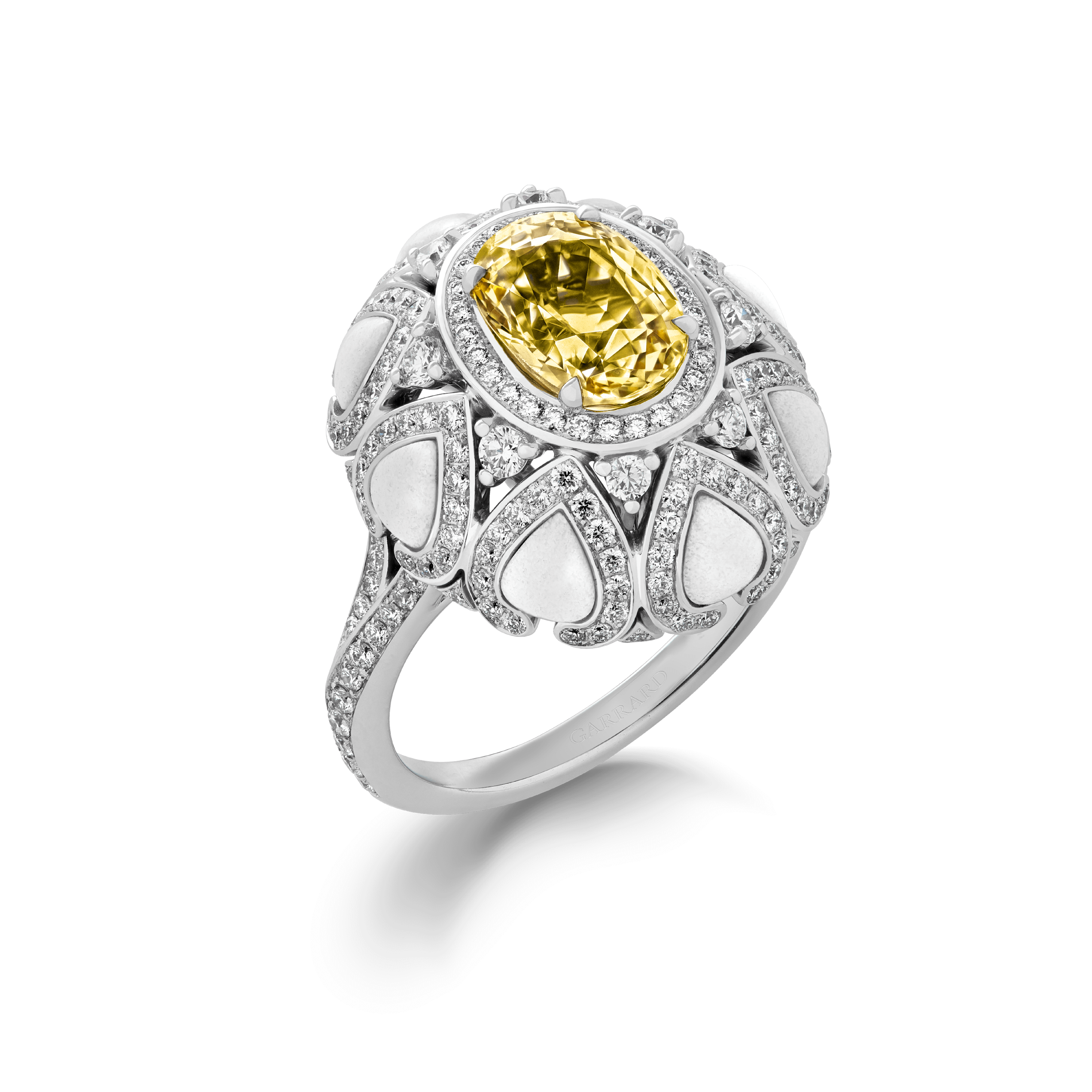 Garrard Aloria Collection yellow sapphire cocktail ring in 18ct white gold with diamonds and cacholong Opal 2017145 Hero Garrard Aloria Collection yellow sapphire cocktail ring in 18ct white gold with diamonds and cacholong Opal 2017145 Hero