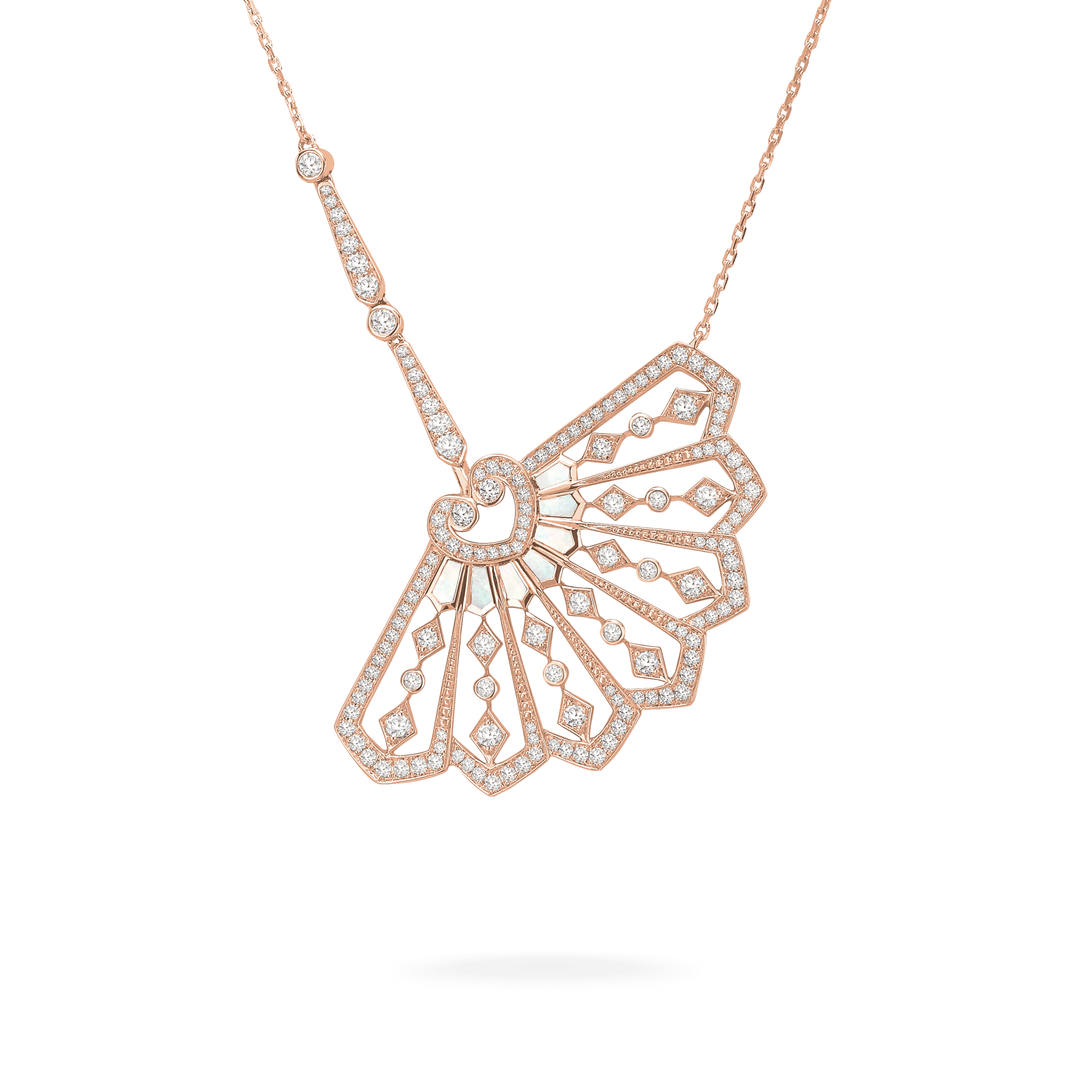 Garrard Fanfare Classic jewellery collection white diamond and mother of pearl pendant in 18ct rose gold 2015510 Hero View enlarged 1 Garrard Fanfare Classic jewellery collection white diamond and mother of pearl pendant in 18ct rose gold 2015510 Hero View enlarged 1