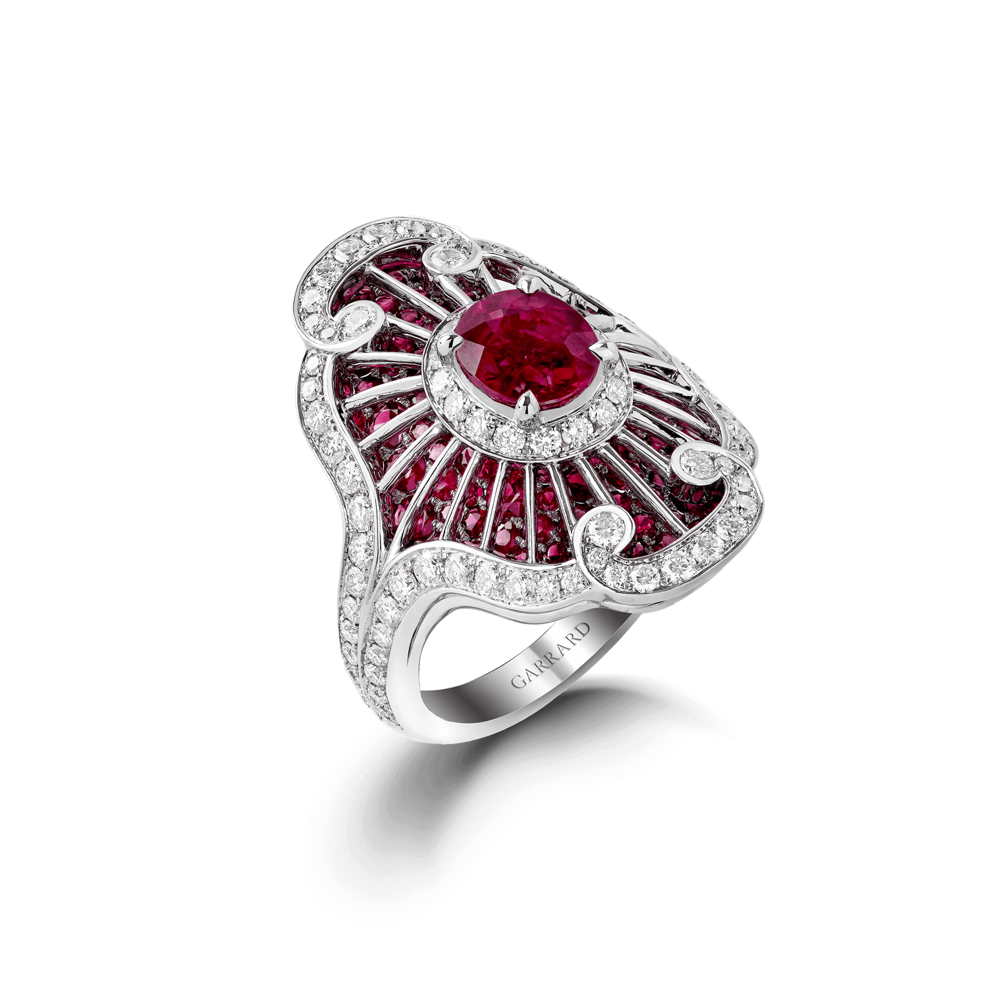 Garrard Jewelled Vault Oval Burmese Pigeons Blood Ruby Ring with Rubies and Diamonds 2015818