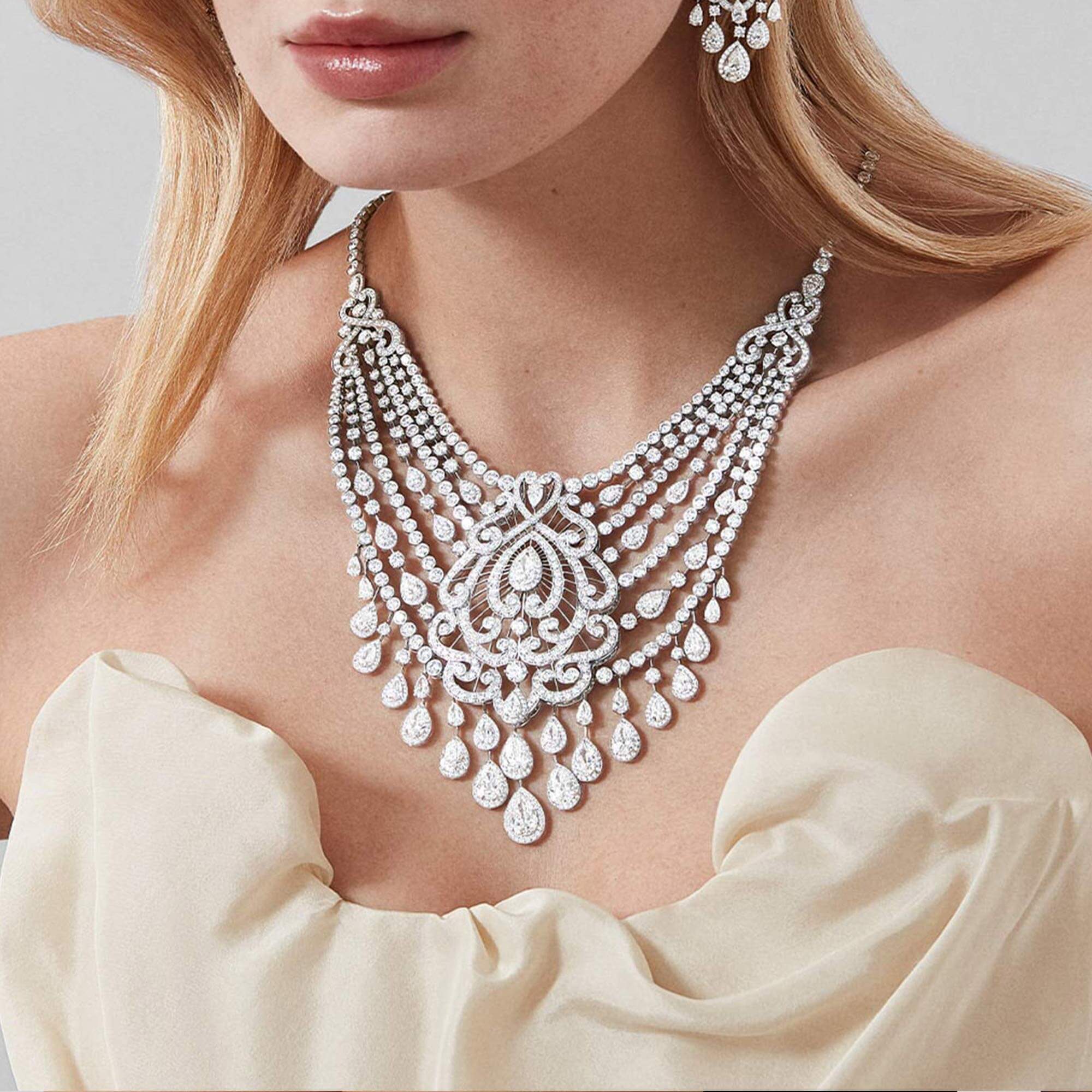 Garrard White Rose Transformable High Jewellery Diamond Necklace In 18ct White Gold 2015352 and earrings 2015372 model close up