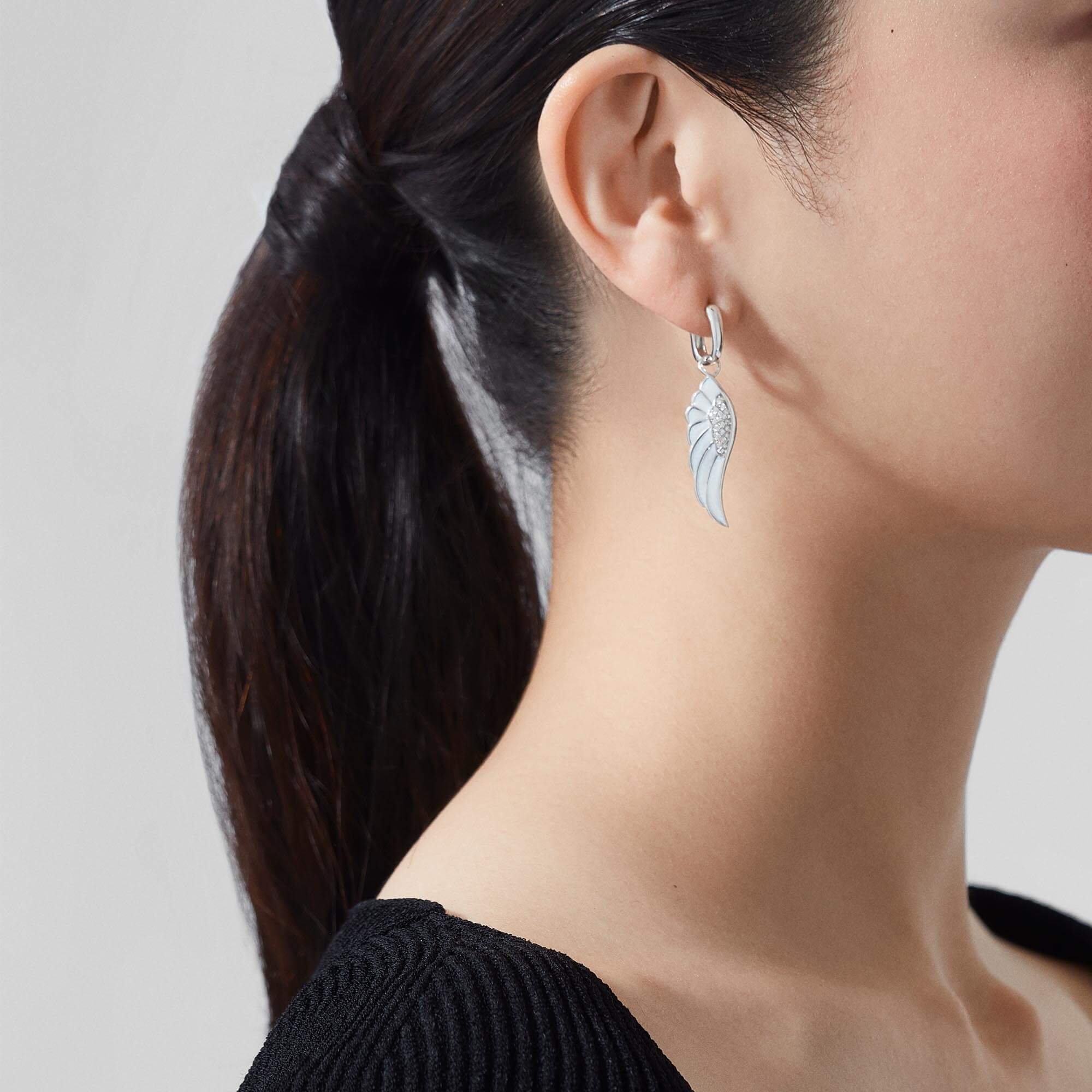 Garrard Wings jewellery collection Reflection Winter Enamel Earrings In 18ct White Gold with Diamonds, 2014697, Model