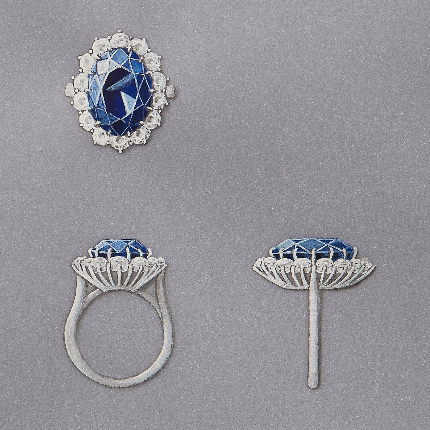 a painted gouche drawing of princess diana sapphire enagagement ring by Garrard square