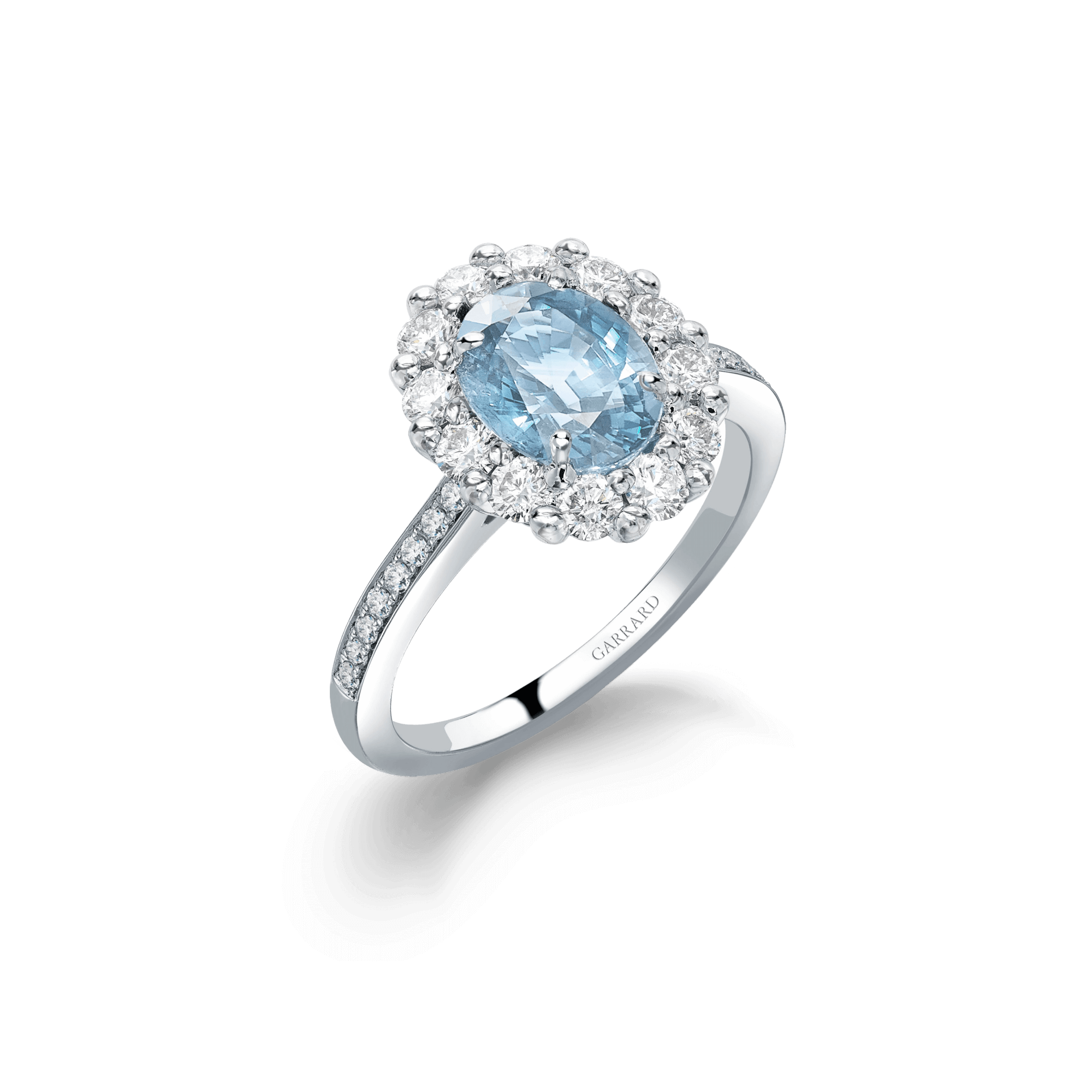 Garrard 1735 collection jewellery Aquamarine Oval Ring In Platinum with Diamonds JR17PT10 Hero View