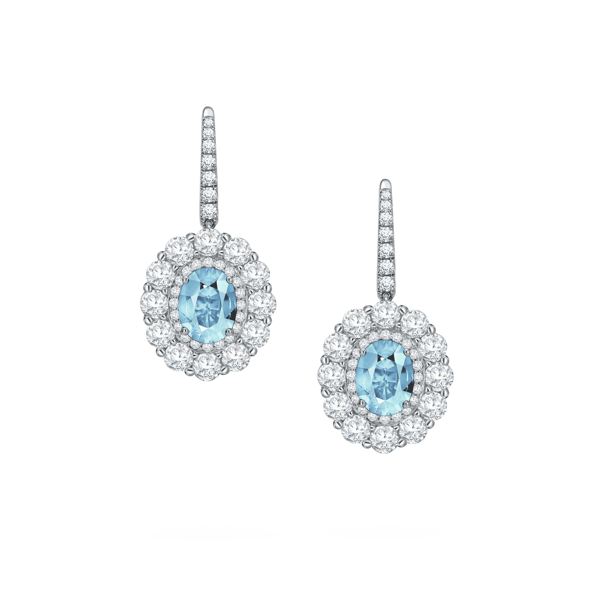 Garrard 1735 jewellery collection Aquamarine Double Cluster Earrings in platinum with Diamonds JE17PT17 Hero View