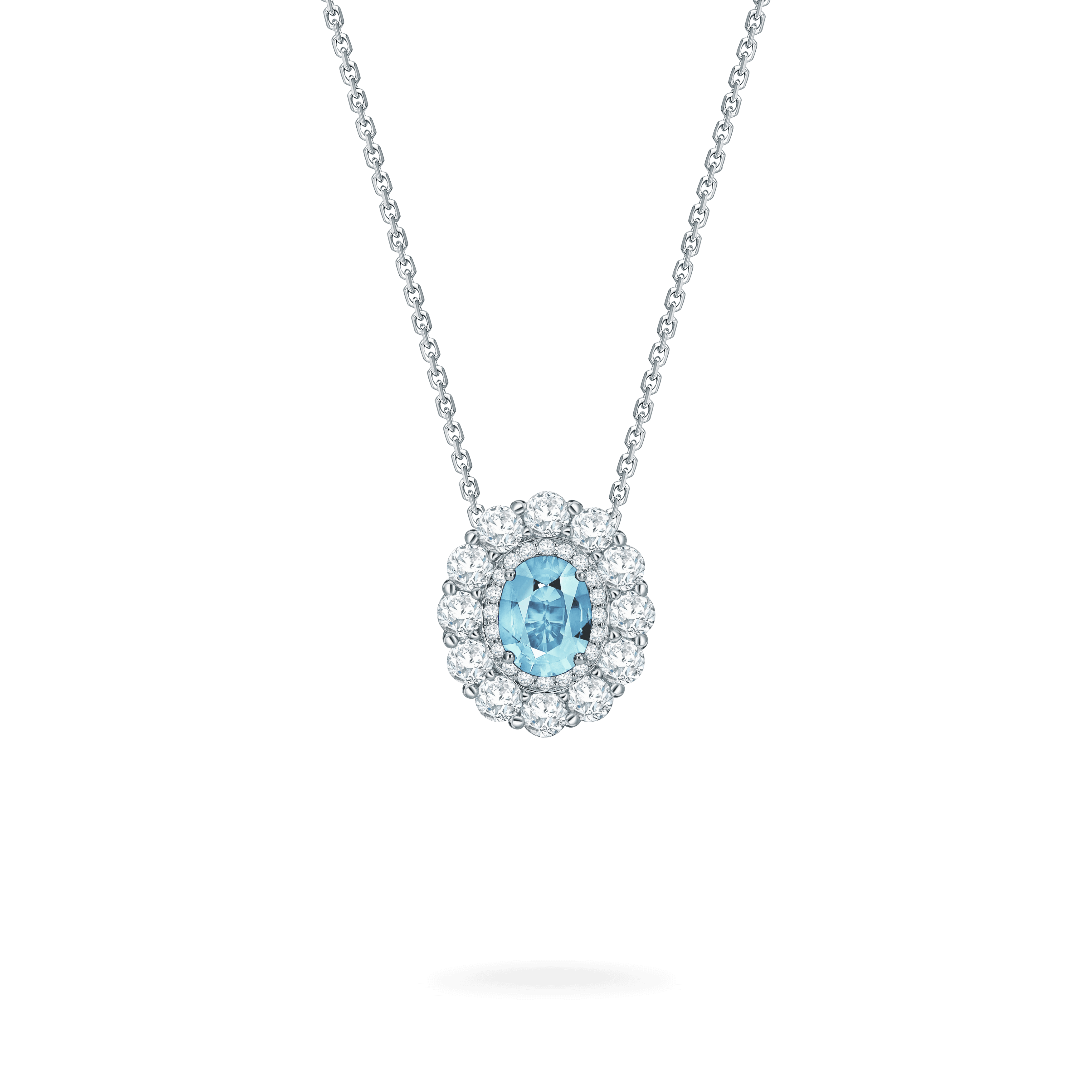 Garrard 1735 jewellery collection Aquamarine Double Cluster Pendant in Platinum with Diamonds JP17PT11 Hero View Garrard 1735 jewellery collection Aquamarine Double Cluster Pendant in Platinum with Diamonds JP17PT11 Hero View