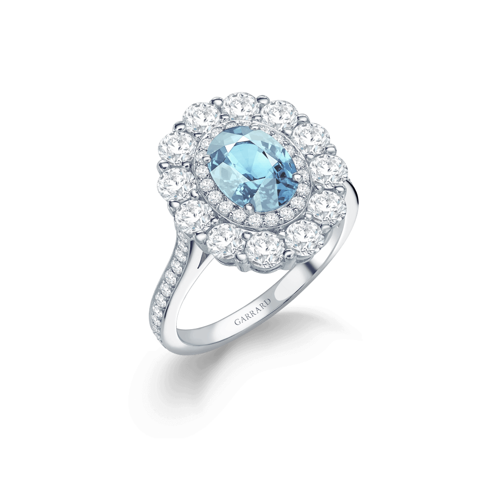 Garrard 1735 jewellery collection Aquamarine Double Cluster Ring In Platinum with Diamonds JR17PT11 Hero View