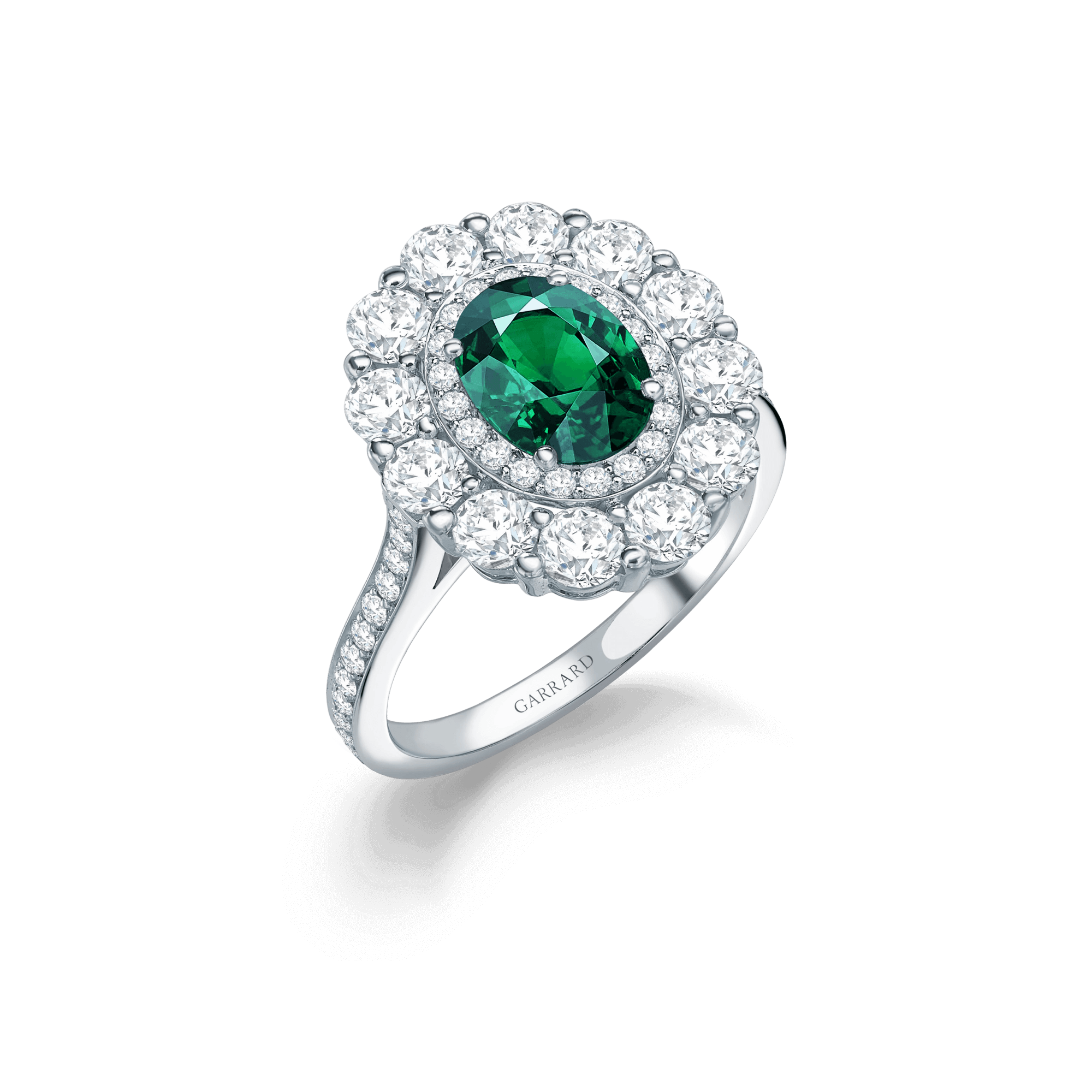 Garrard 1735 jewellery collection Emerald Oval Double Cluster Ring In Platinium with Diamonds, JR17PT07, Hero View