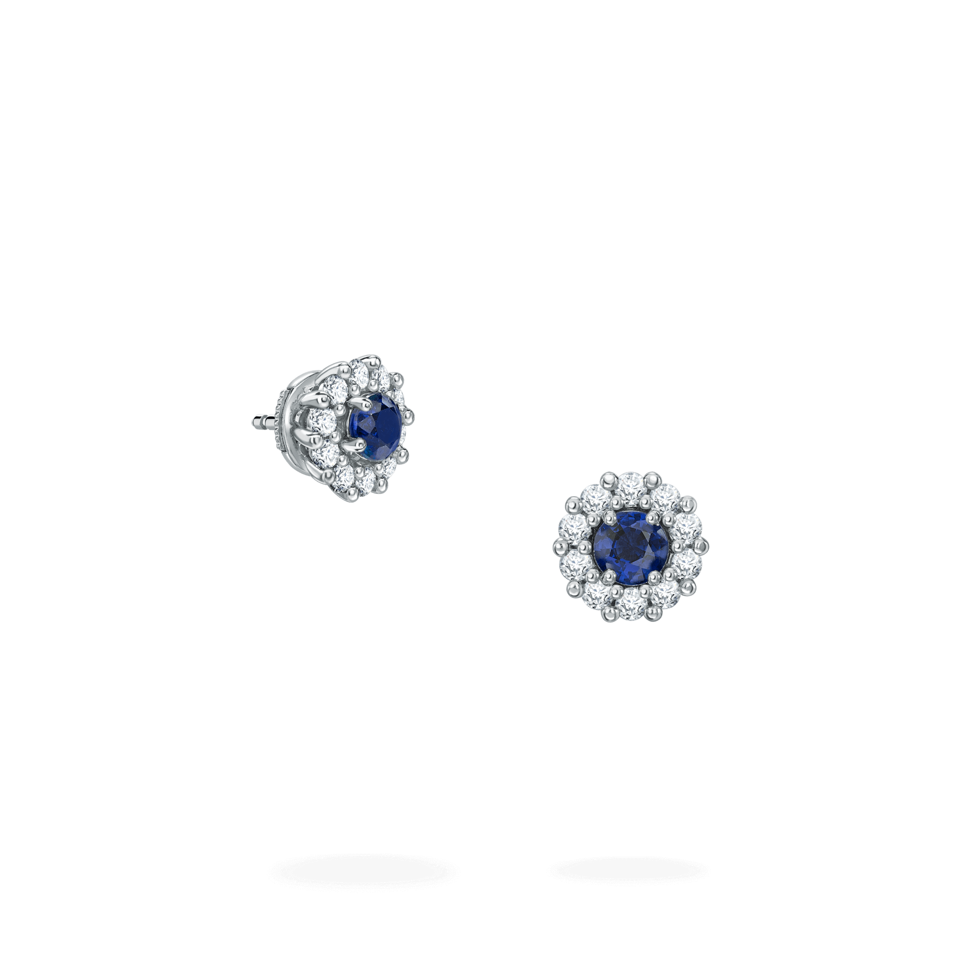 Garrard 1735 jewellery collection sapphire round stud earrings in platinum with diamonds JE17PT06 Hero View