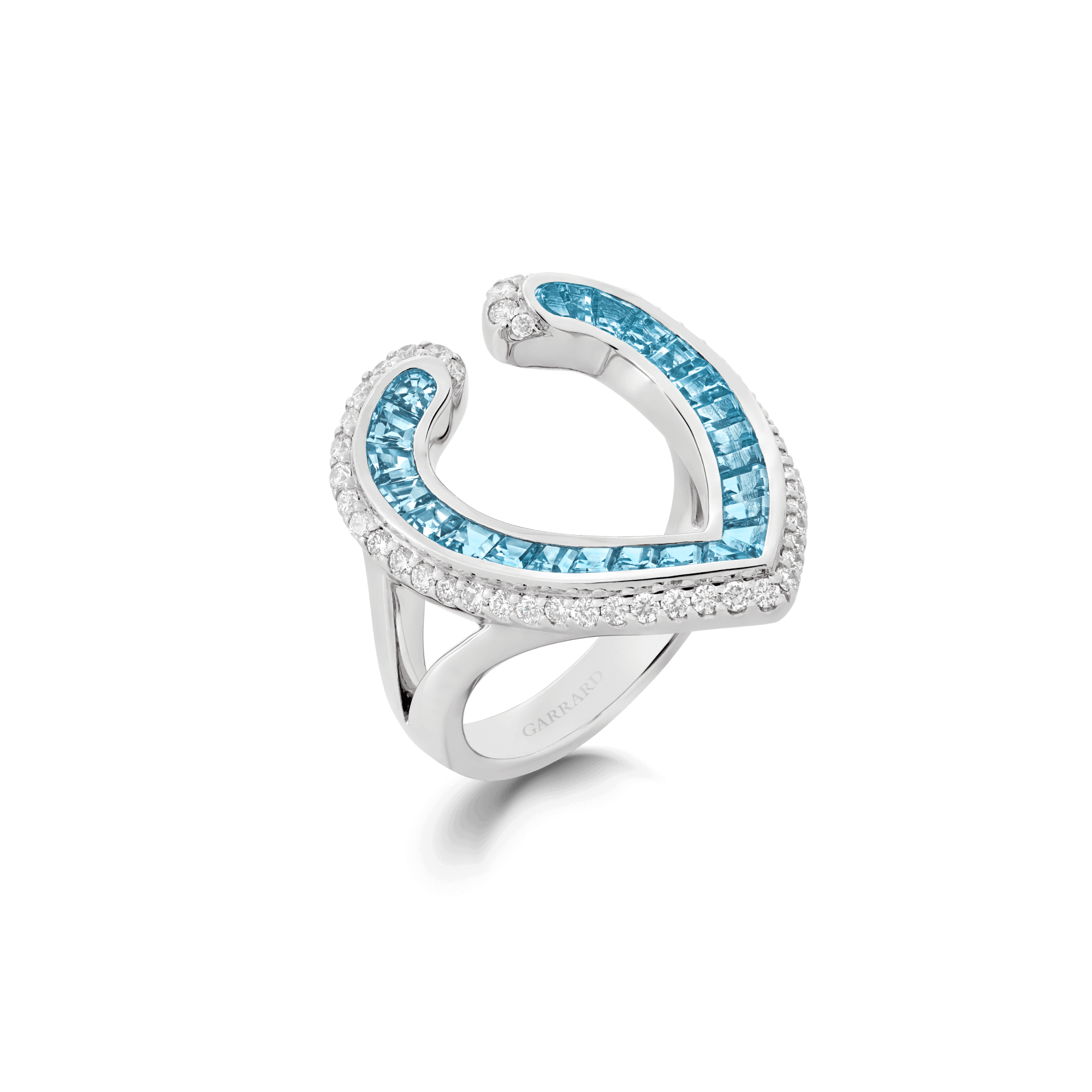 Garrard Aloria jewellery Collection calibre cut aquamarine ring in 18ct white gold with Diamonds 2017070 Hero View