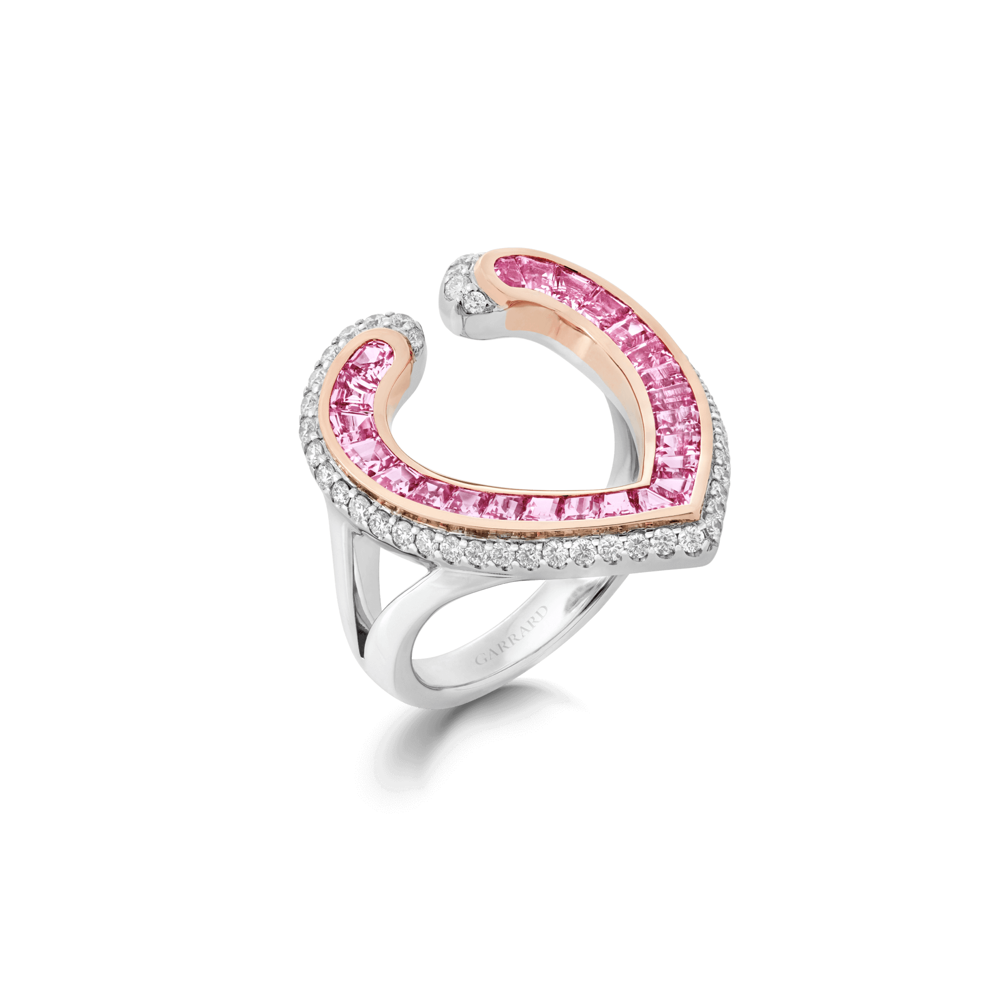 Garrard Aloria jewellery collection Calibre cut pink sapphire ring in 18ct rose gold with diamonds 2017069 Hero View