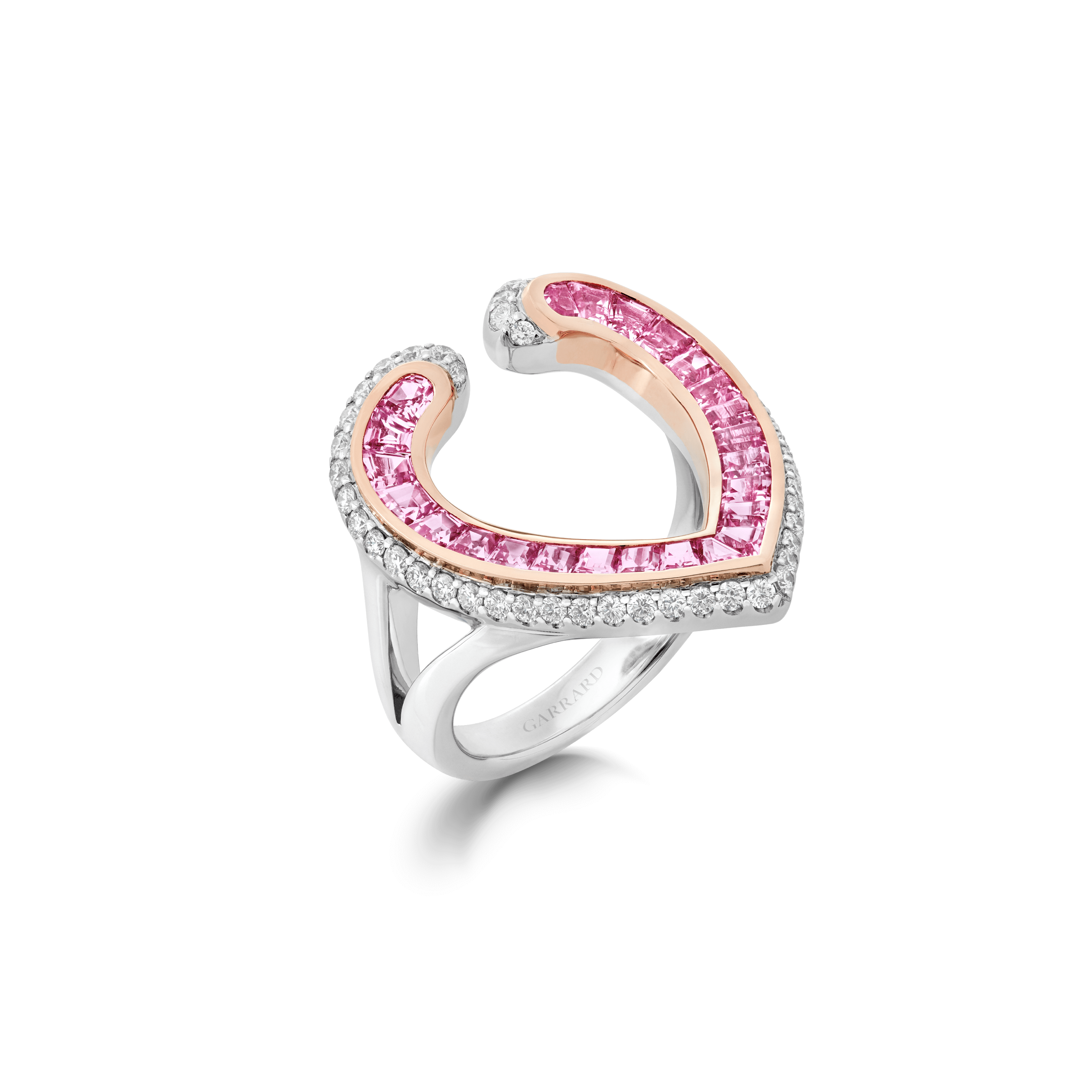 Garrard Aloria jewellery collection Calibre cut pink sapphire ring in 18ct rose gold with diamonds 2017069 Hero View Garrard Aloria jewellery collection Calibre cut pink sapphire ring in 18ct rose gold with diamonds 2017069 Hero View