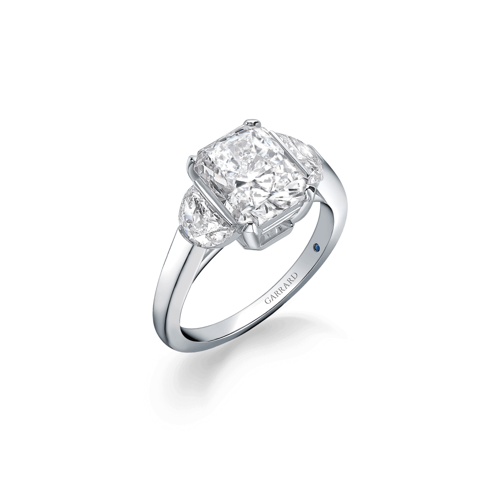 Garrard Bridal collection Charisma Radiant Cut Diamond Three Stone Engagement Ring In Platinum with Half Moon Diamonds 2015989
