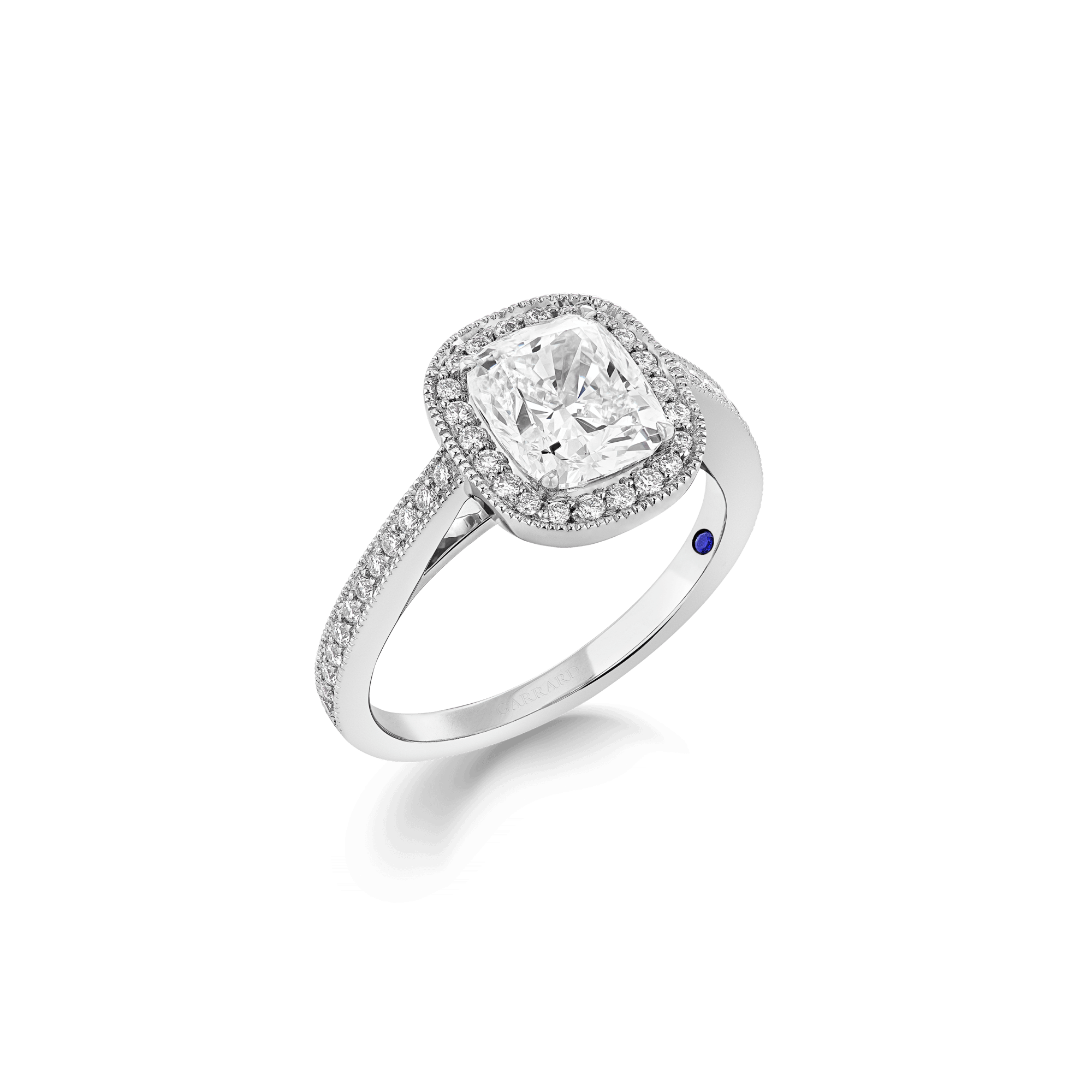 Garrard Bridal collection Evermore Cushion Cut Diamond Halo Engagement Ring In Platinum with Diamonds JREVPT01 2017569 Hero 1