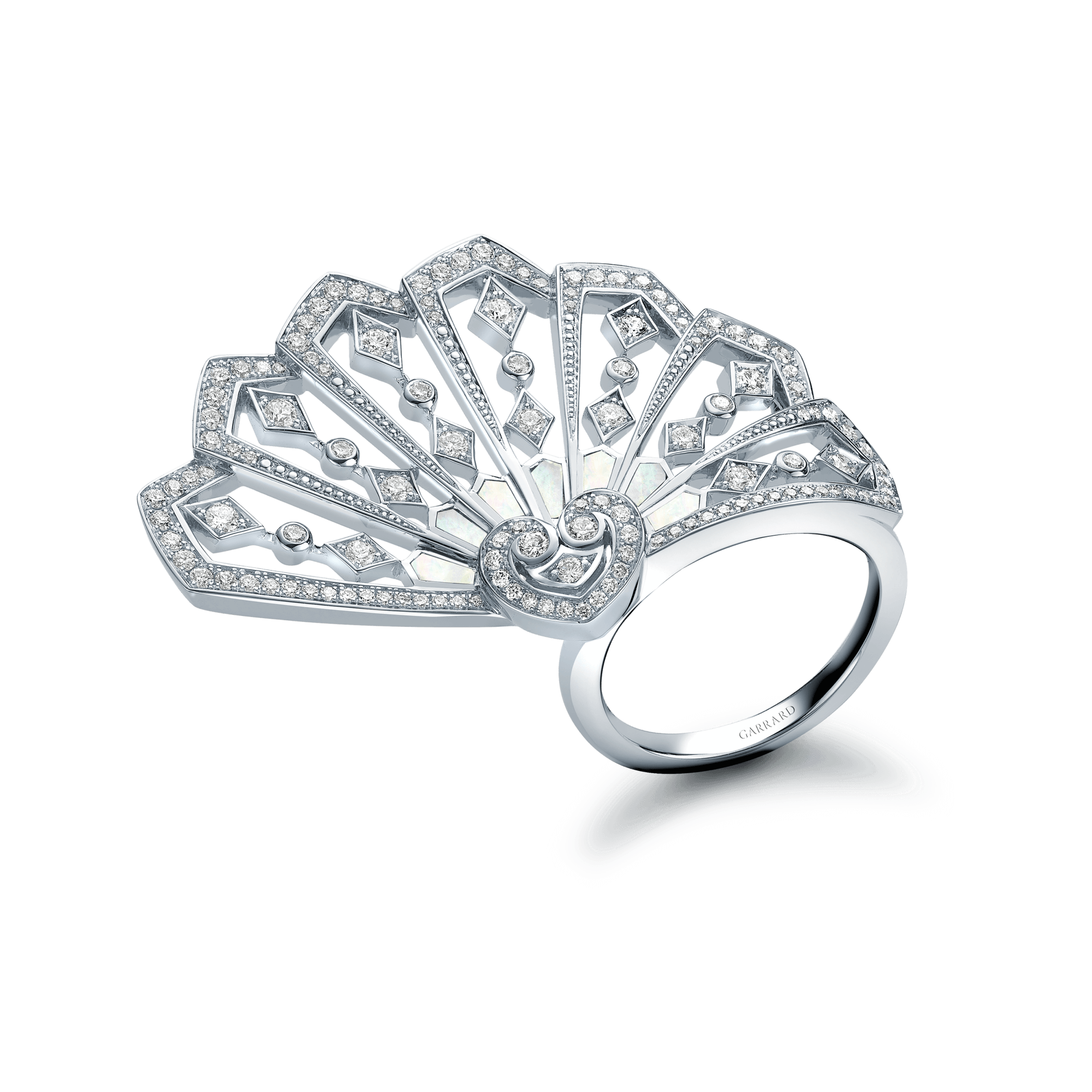 Garrard Fanfare Classic jewellery collection white diamond and mother of pearl ring in 18ct white gold 2015313 Hero View