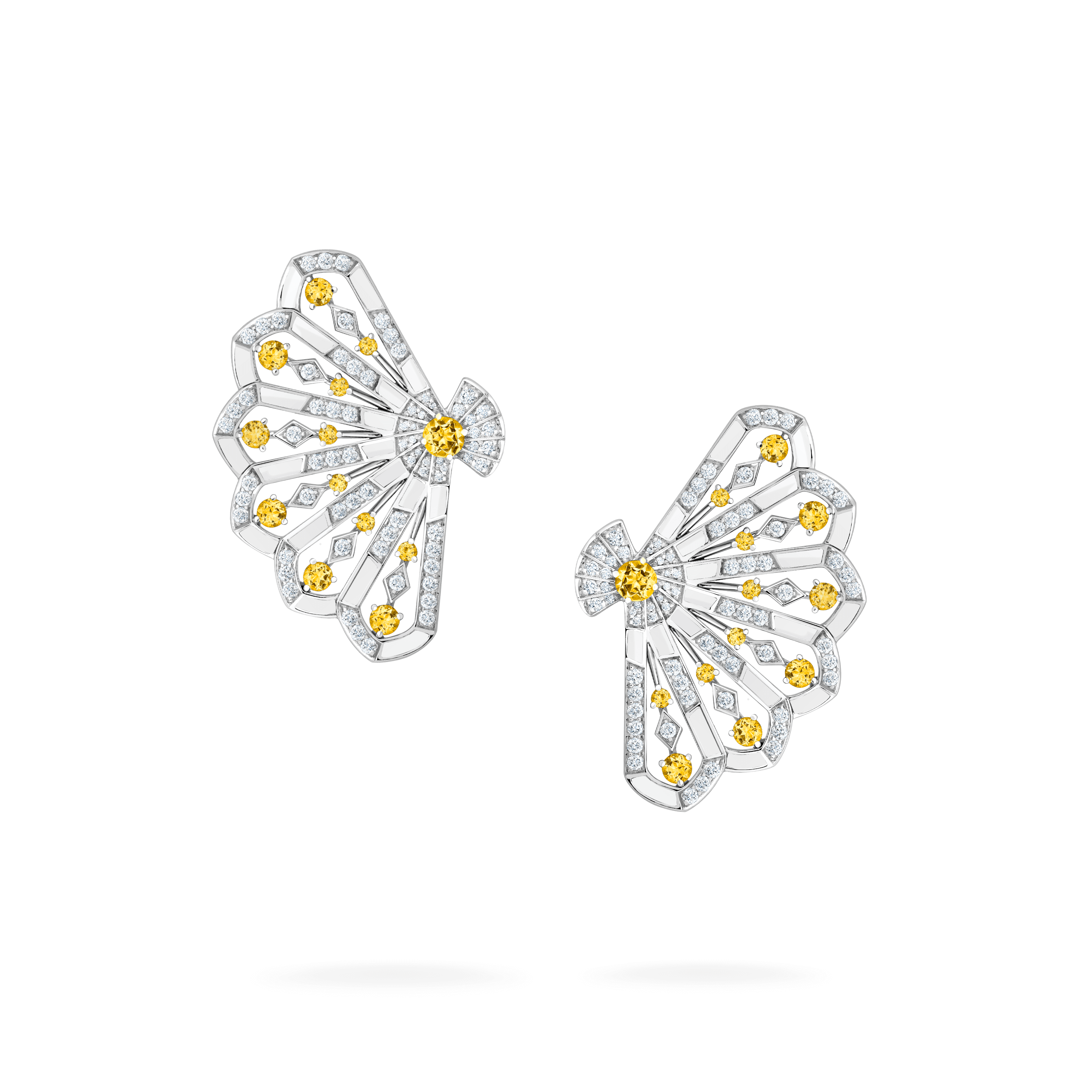 Garrard Fanfare Symphony collection Diamond and Yellow Sapphire Earrings in 18ct White Gold with White Agate, 2017342, Hero