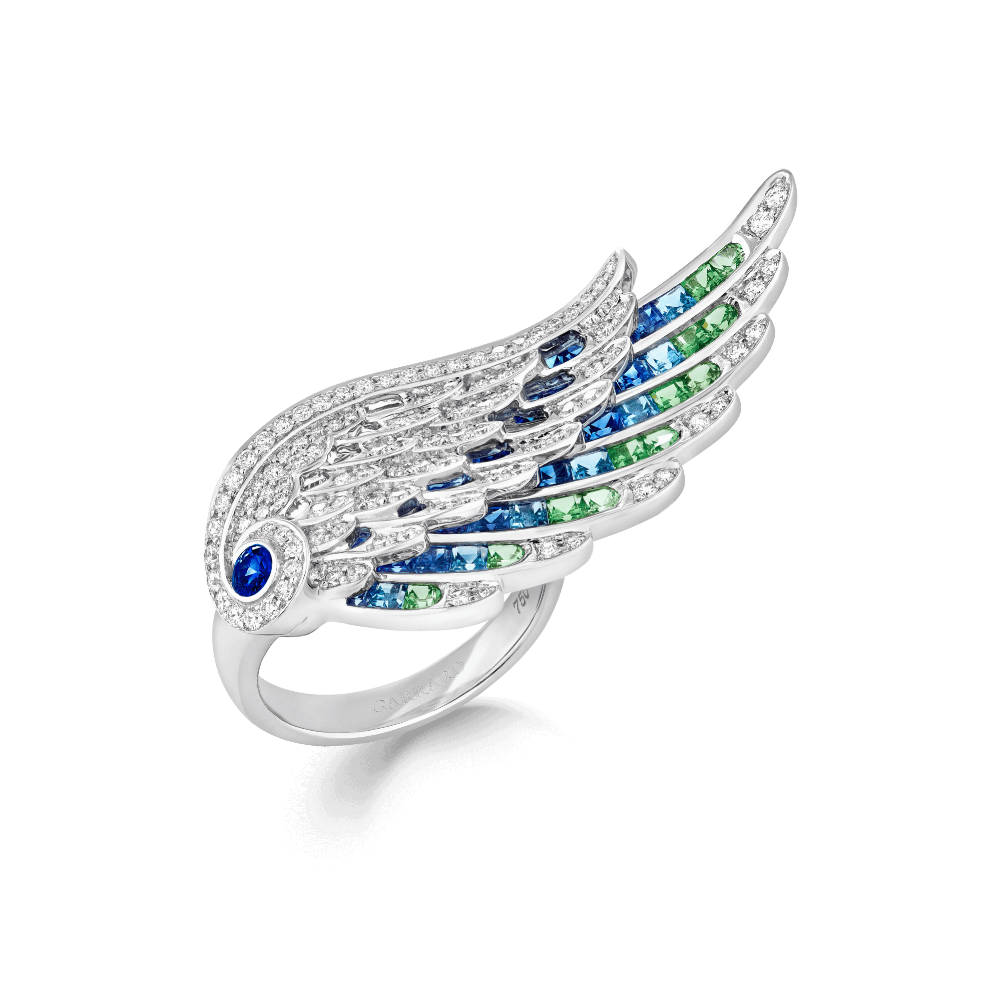 Garrard WIngs Embrace collection Peacock ring with diamonds Sapphires Tsavorites and Aquamarines 2017612 Hero View