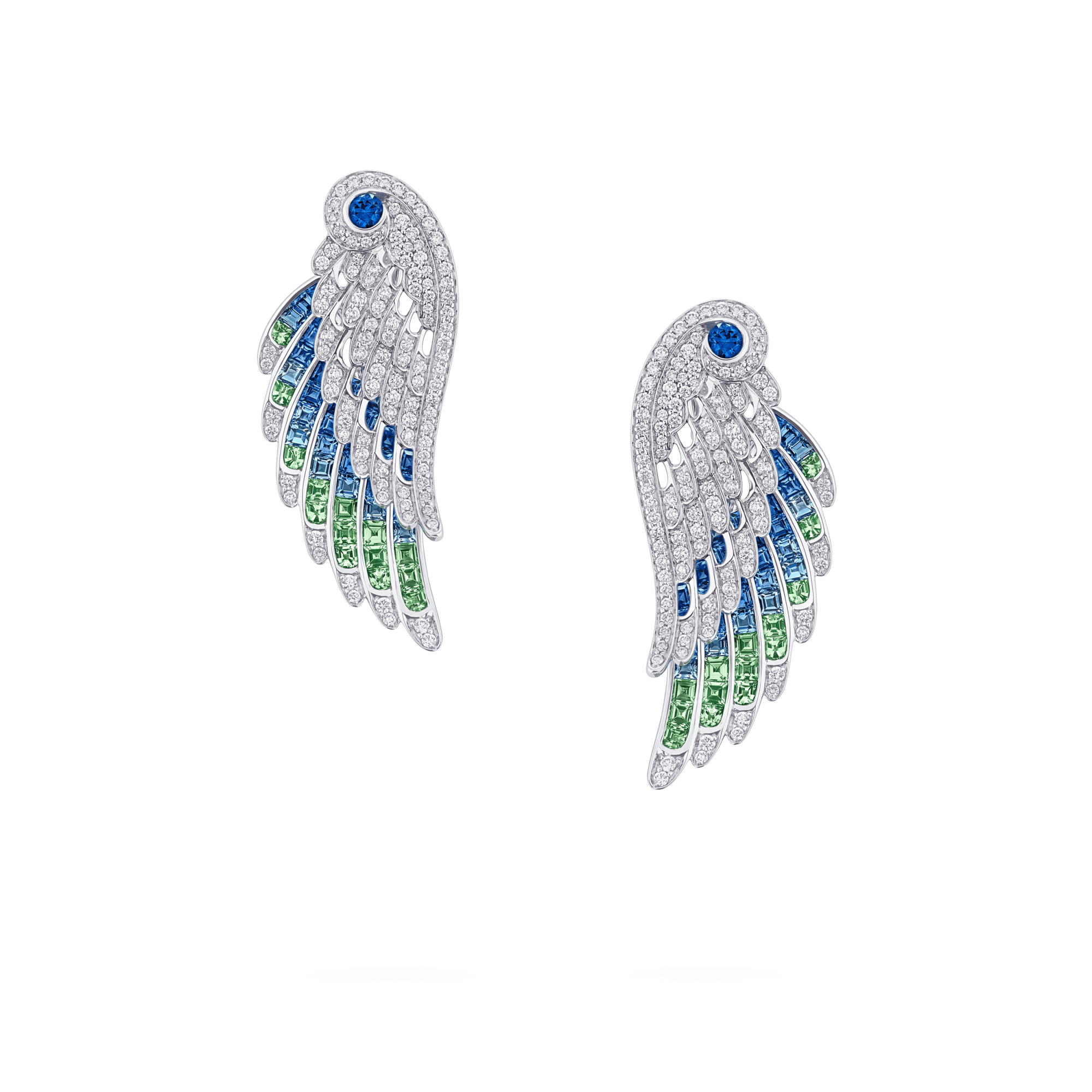 Garrard Wings Embrace collection Peacock Ear Jackets with diamonds Sapphires Tsavorites and Aquamarines 2017611 Hero View