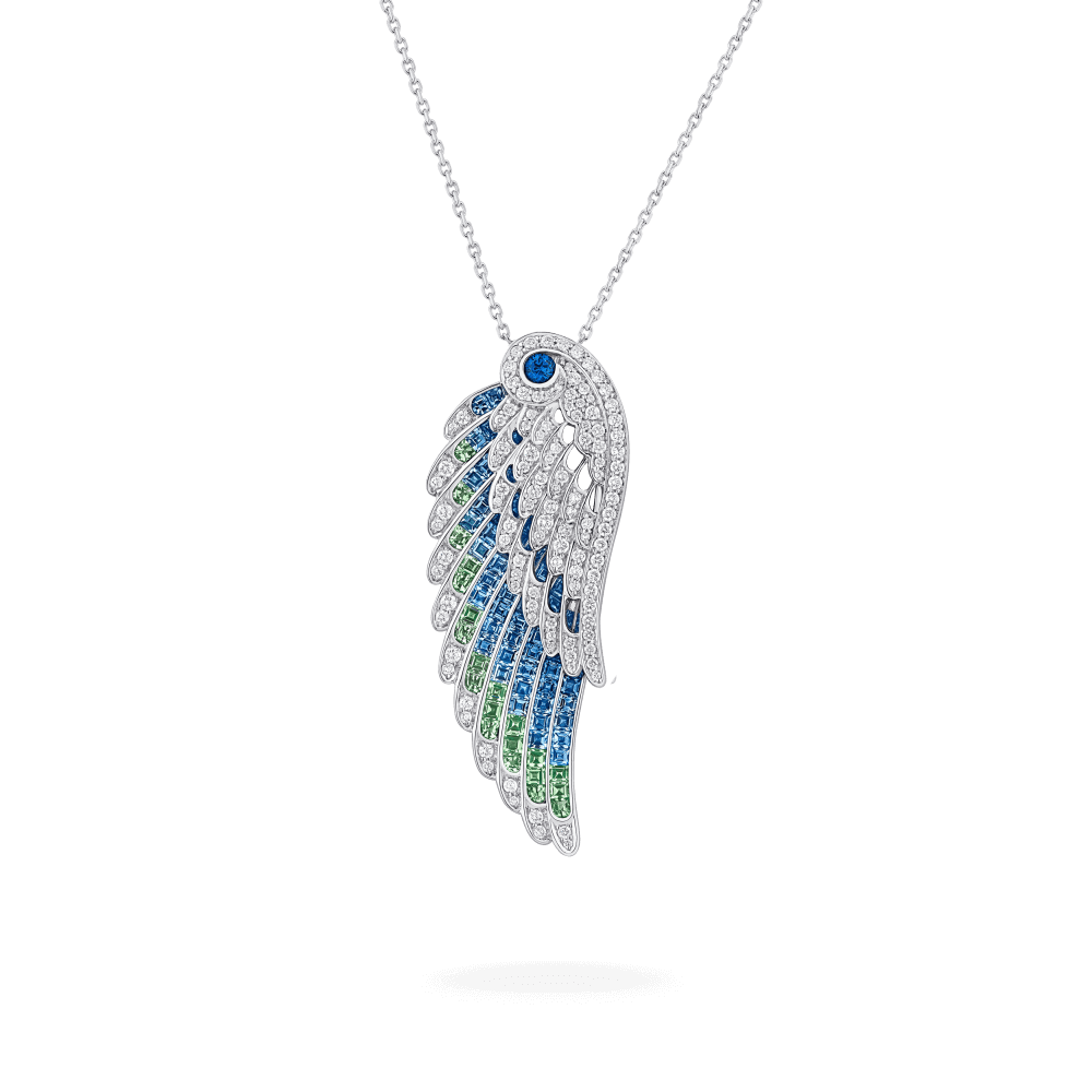 Garrard Wings Embrace collection Peacock Slide Pendant with Diamonds Sapphires Tsavorites and Aquamarines 2017610 Hero