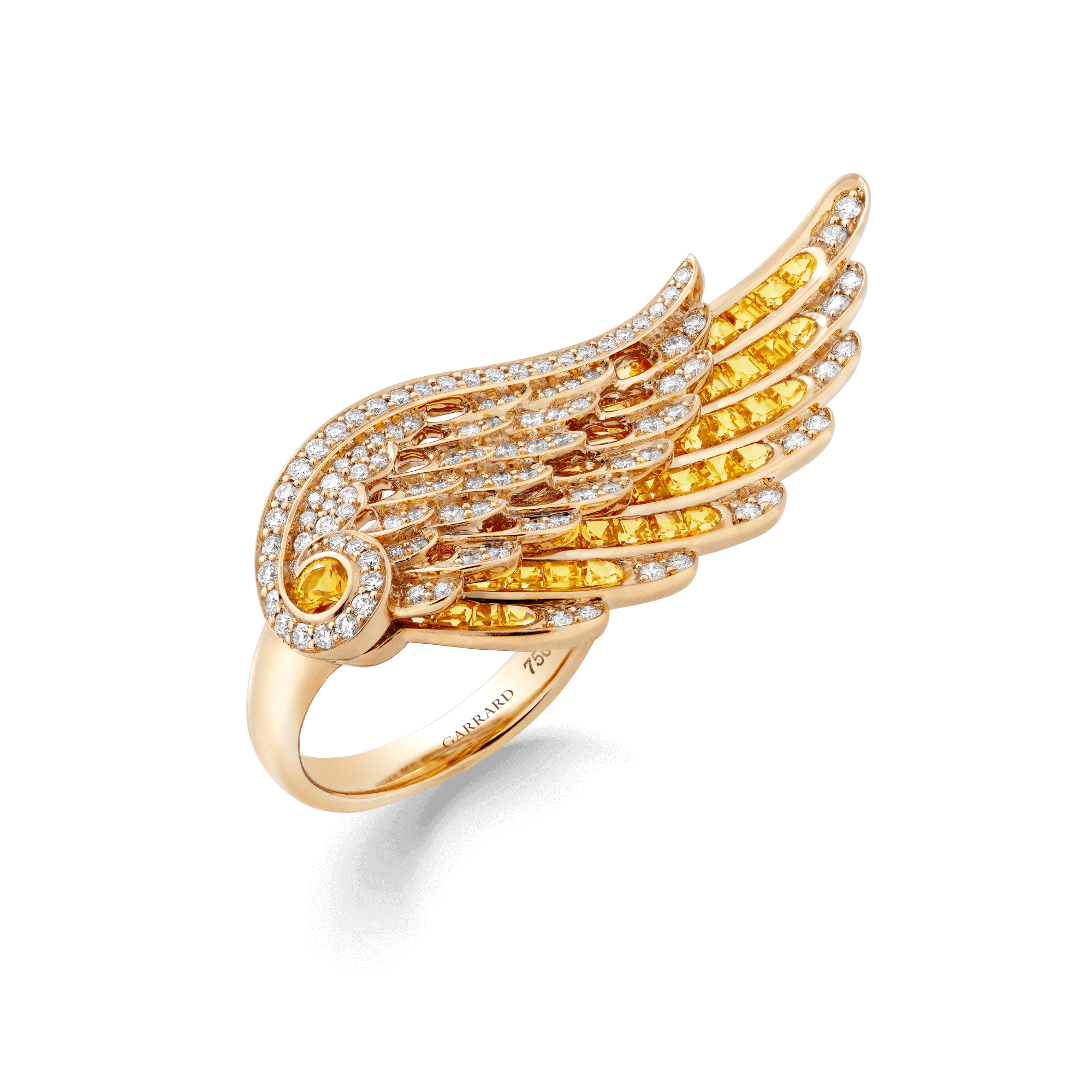 Garrard Wings Embrace jewellery collection Across the Finger Yellow Sapphire and Diamond Ring in 18ct Yellow Gold 2016582 Hero