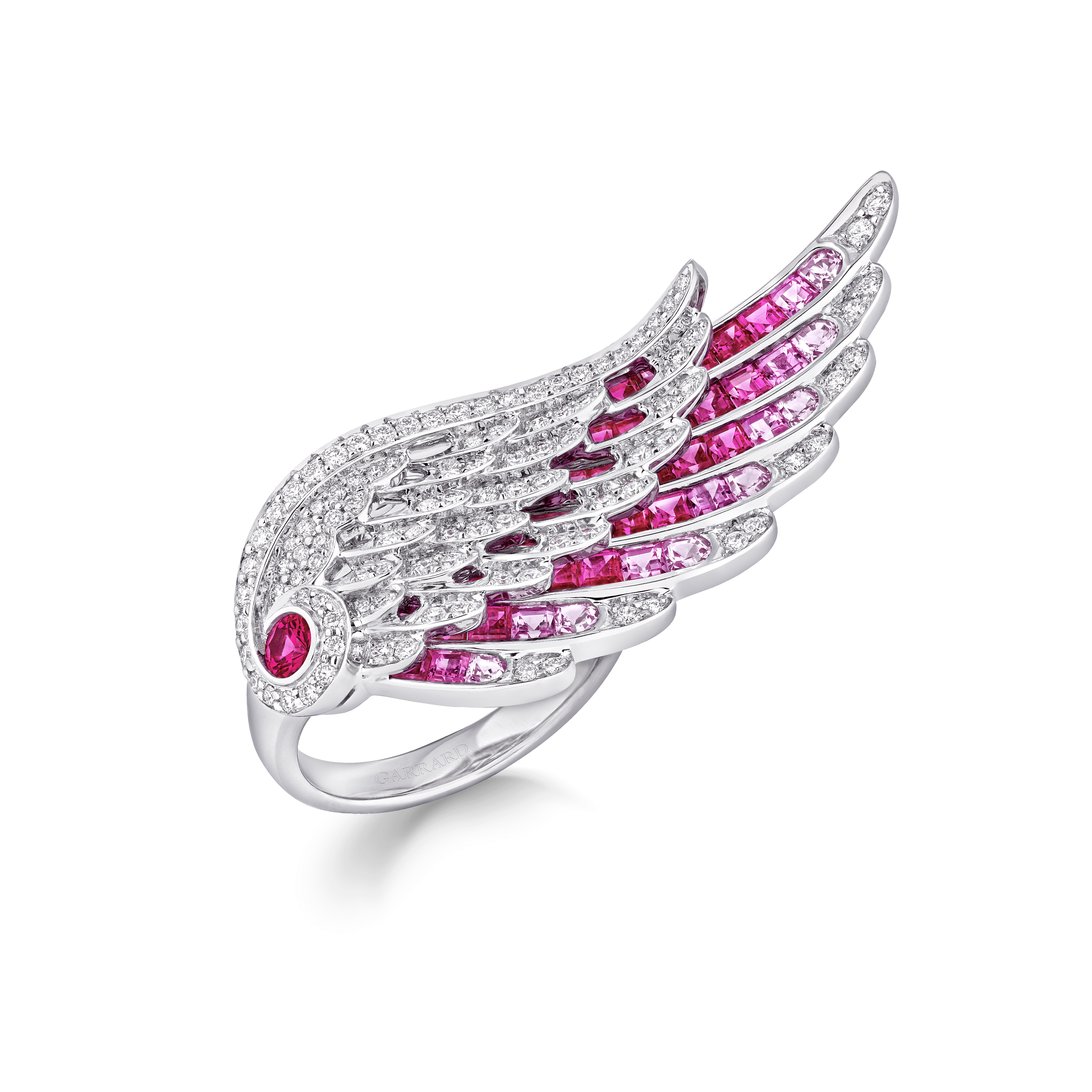 Garrard Wings Embrace jewellery collection Flamingo Ring In 18ct White Gold with Diamonds Rubies and Sapphires 2017606 Hero Garrard Wings Embrace jewellery collection Flamingo Ring In 18ct White Gold with Diamonds Rubies and Sapphires 2017606 Hero