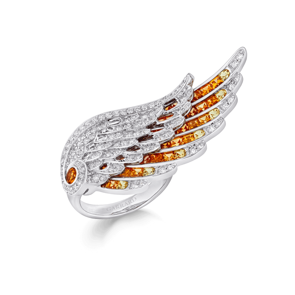Garrard Wings Embrace jewellery collection Phoenix Ring in 18ct White Gold with Diamonds and Sapphires 2017609 Hero View