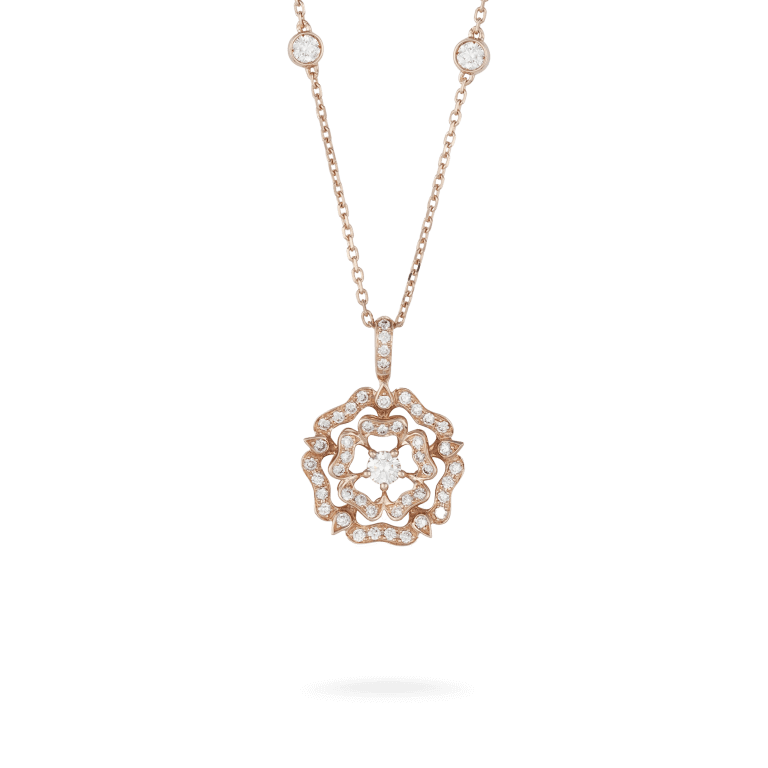 Tudor Rose Mini Icons Diamond Chain Rose Gold Pendant | Garrard