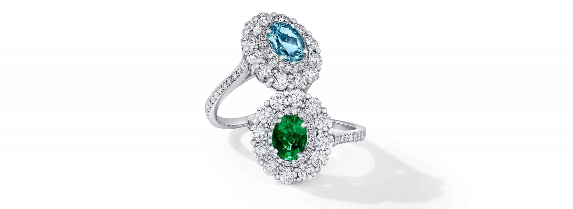 Garrard 1735 bridal jewellery collection Aquamarine and emerald Double Cluster Engagement Ring with Diamonds