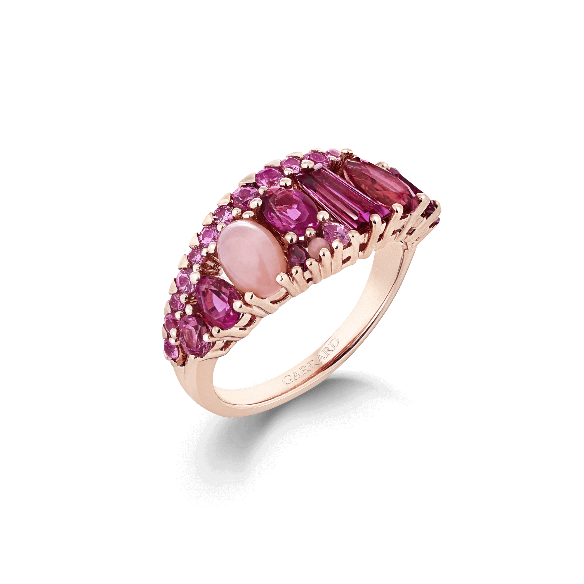 Garrard Blaze Collection 18ct rose gold band ring with pink sapphires rubellites and pink opals 2017675