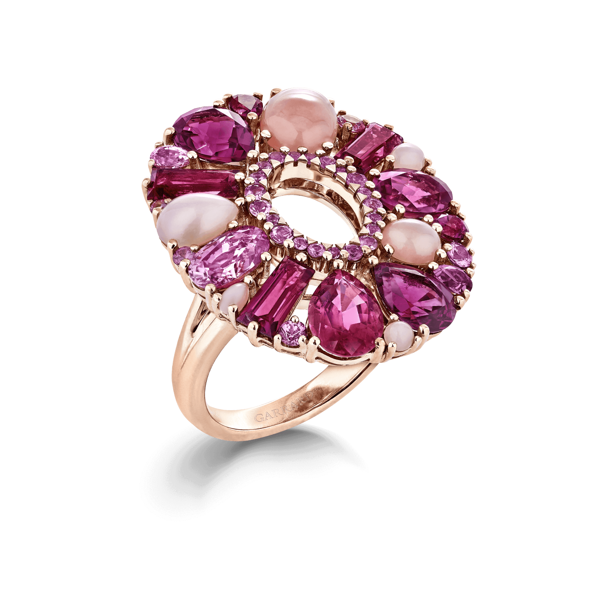 Garrard Blaze Collection 18ct rose gold cocktail ring with pink sapphires rubellites and pink opals 2017647