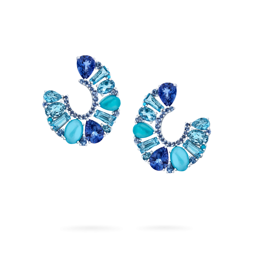 Garrard Blaze Collection 18ct white gold hoop earrings with blue sapphires tanzanites aquamarines blue topaz and turquoise 2017665 1