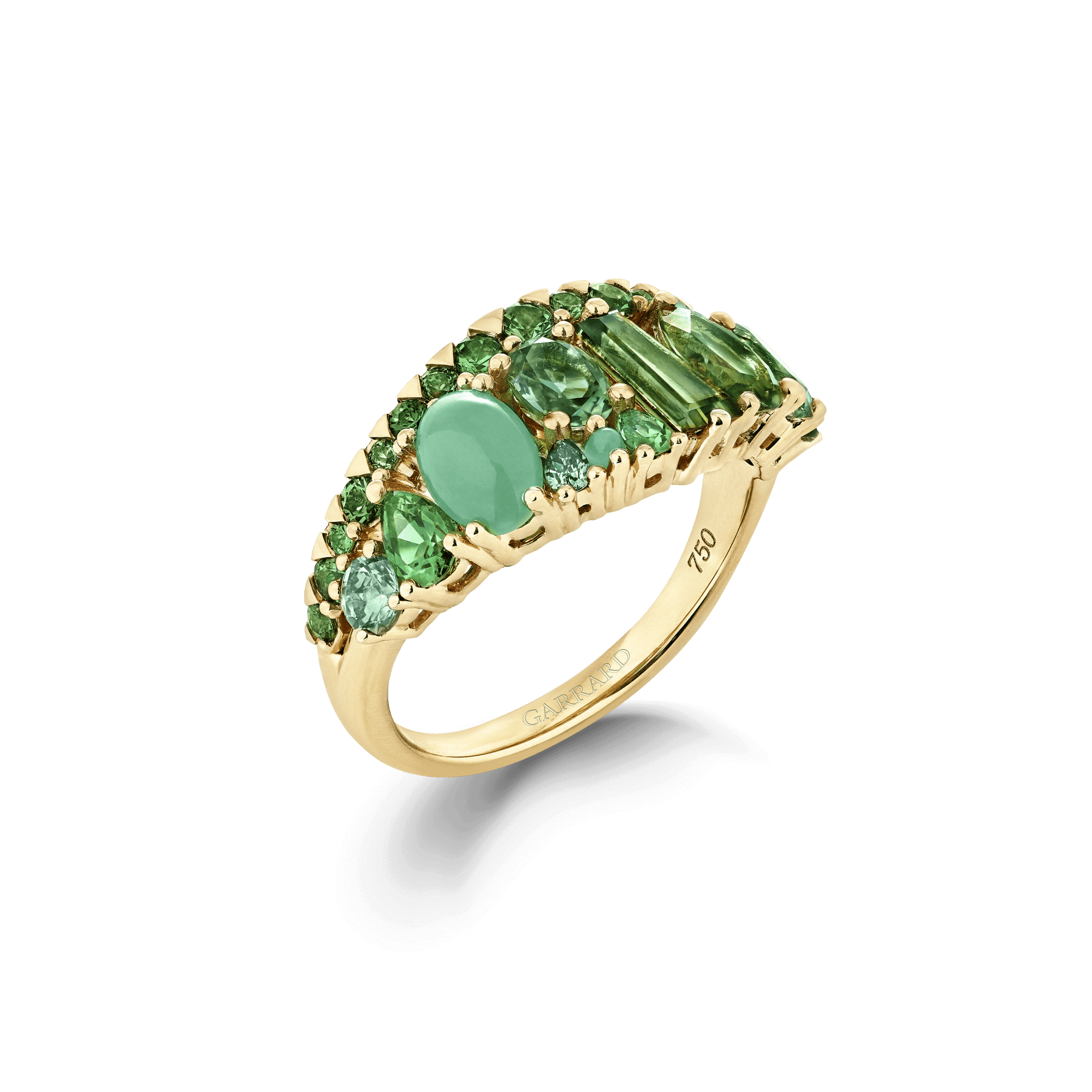 Garrard Blaze Collection 18ct yellow gold band ring with green sapphires green tourmalines tsavorites and chrysoprase 2017674