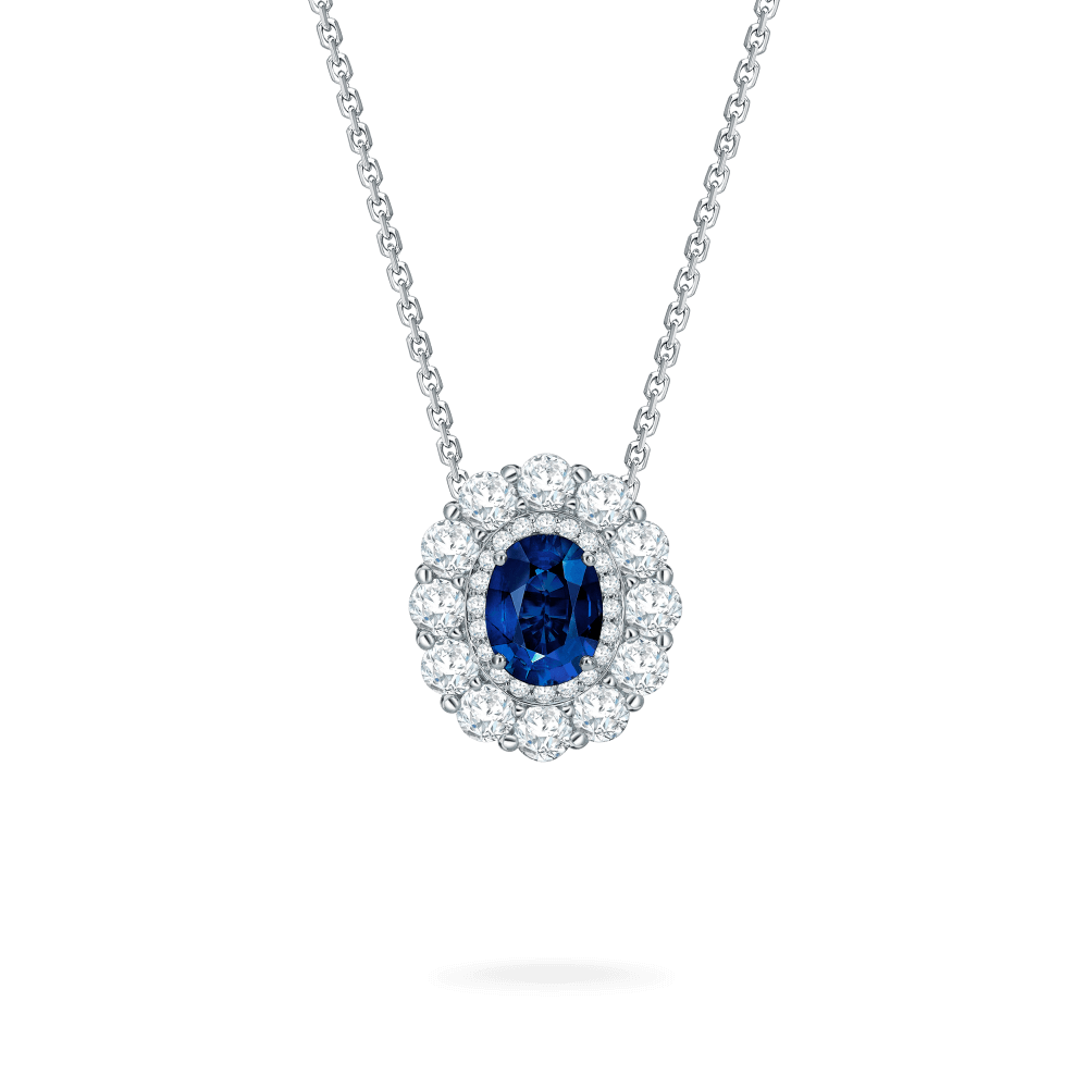 Garrard 1735 jewellery collection Sapphire Double Cluster Pendant in Platinum with Diamonds JP17PT11 Hero View
