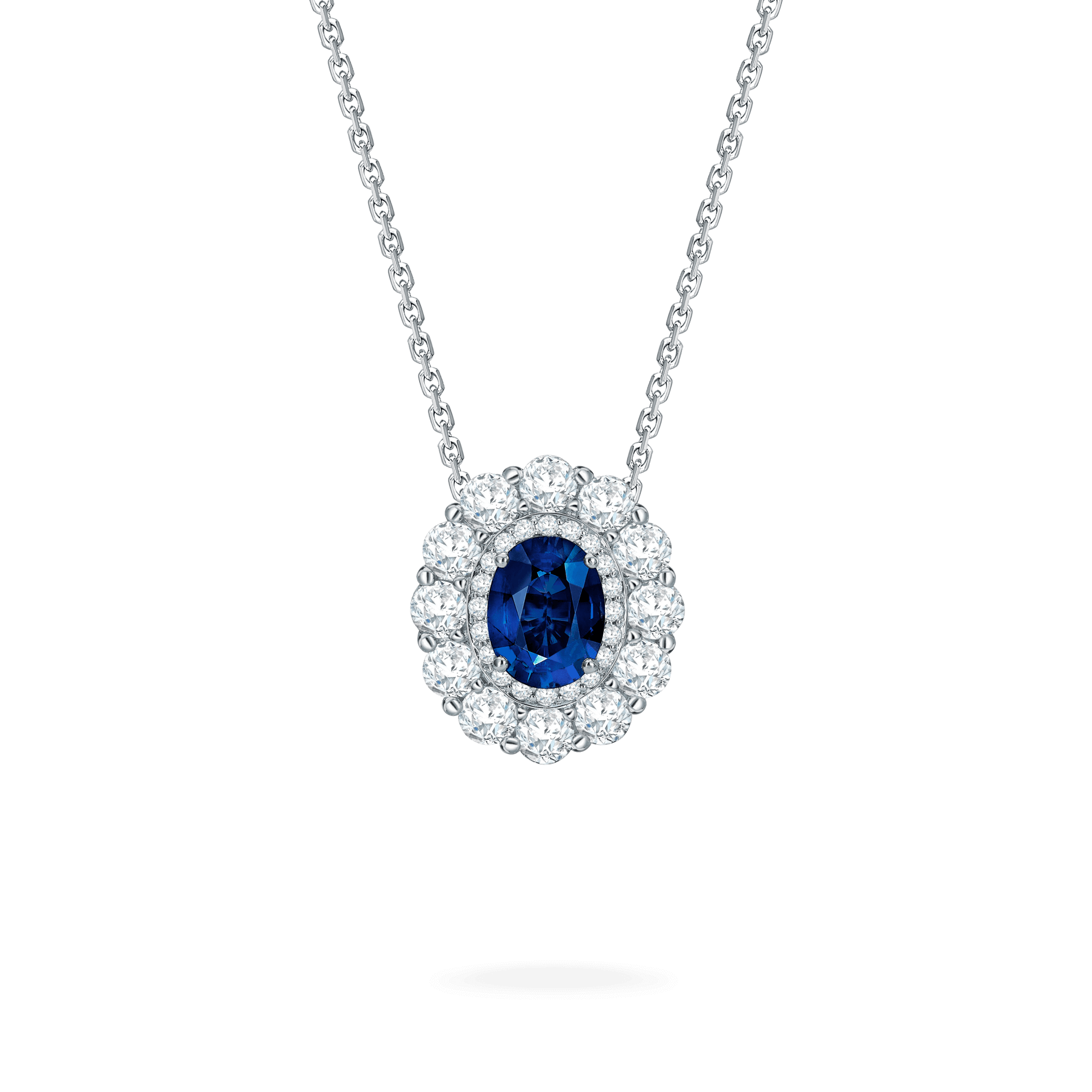 Garrard 1735 jewellery collection Sapphire Double Cluster Pendant in Platinum with Diamonds JP17PT11 Hero View