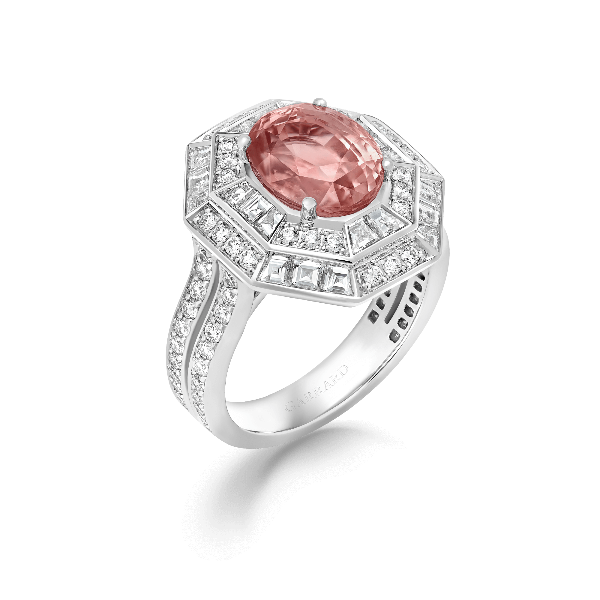 Jewelled Vault 4.91ct Oval Sri Lankan Padparadscha Sapphire Cocktail Ring In 18ct White Gold with Diamonds 2018238