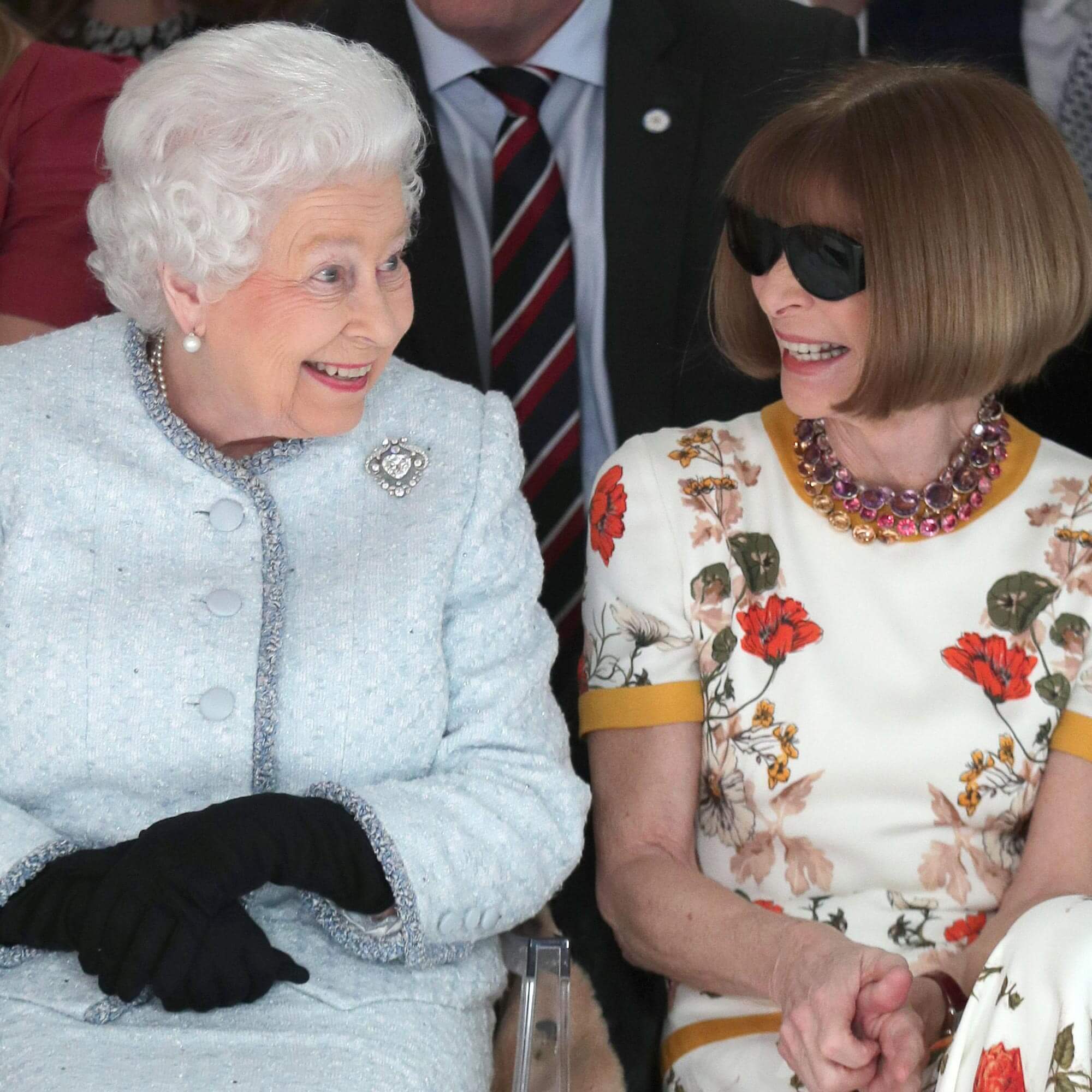 Cullinan V heart diamond brooch crafted by Garrard and worn by Queen Elizabeth II when she made a surprise appearance at London Fashion Week in 2018 sat front row beside Anna Wintour.