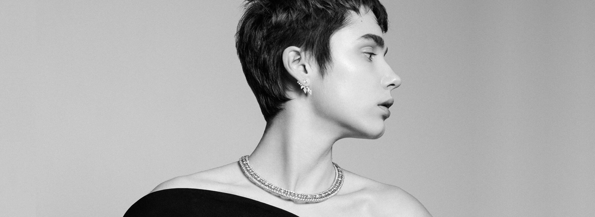 Model wears Garrard Albemarle Jewellery Collection earrings and necklace desktop