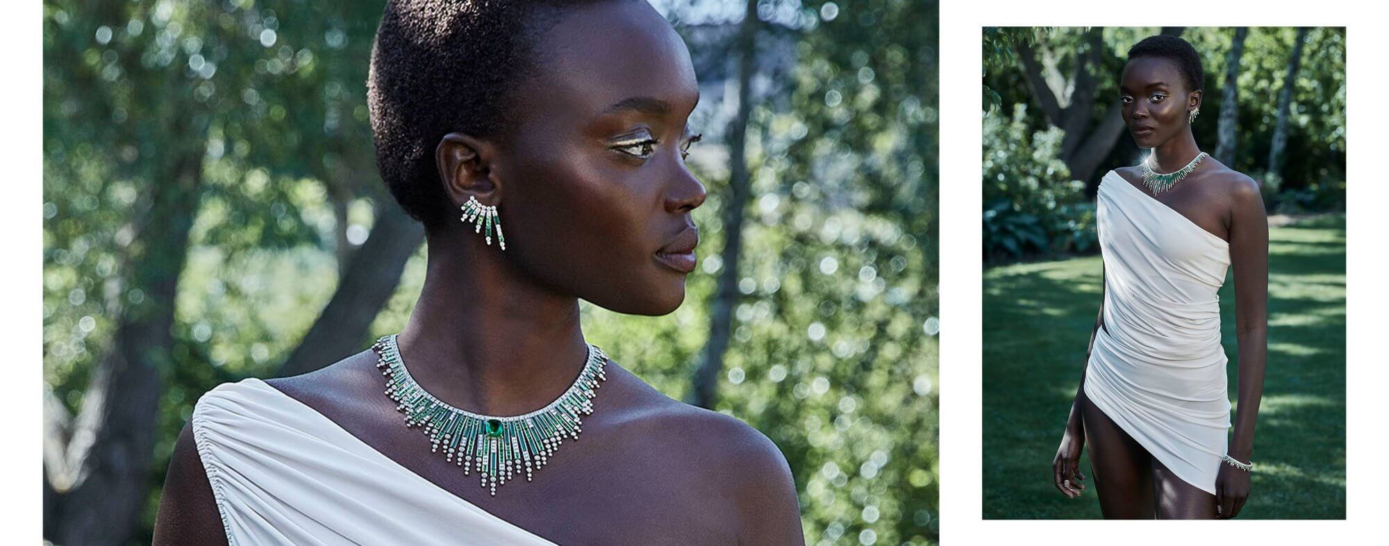 Model wears Garrard Couture high jewellery collection green gemstones and diamond earrings and necklace in a summer garden 1