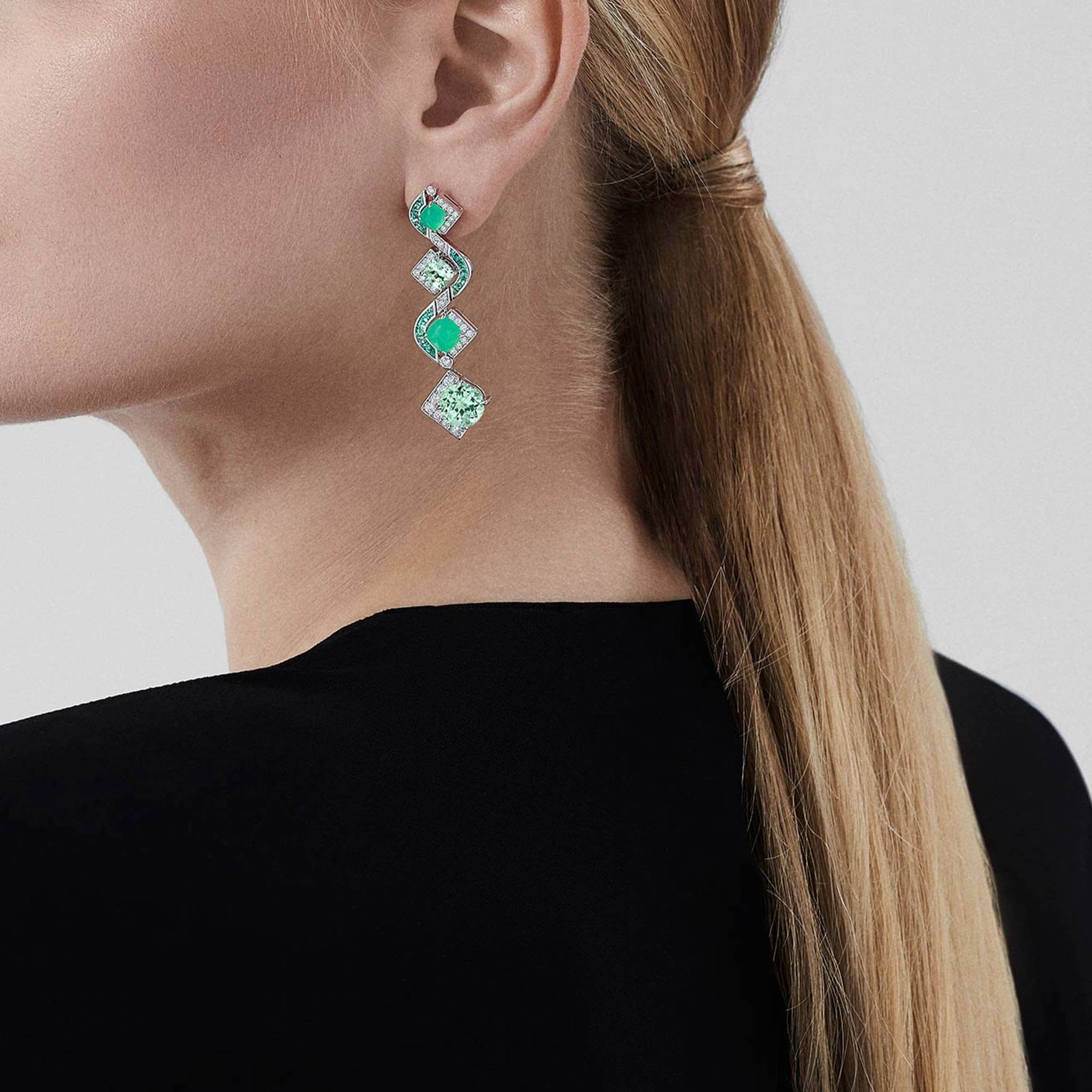 Garrard Couture Serpentine Earrings In 18ct White Gold with Tourmalines Chrysoprase Emeralds and Diamonds 2018567 on Model 1