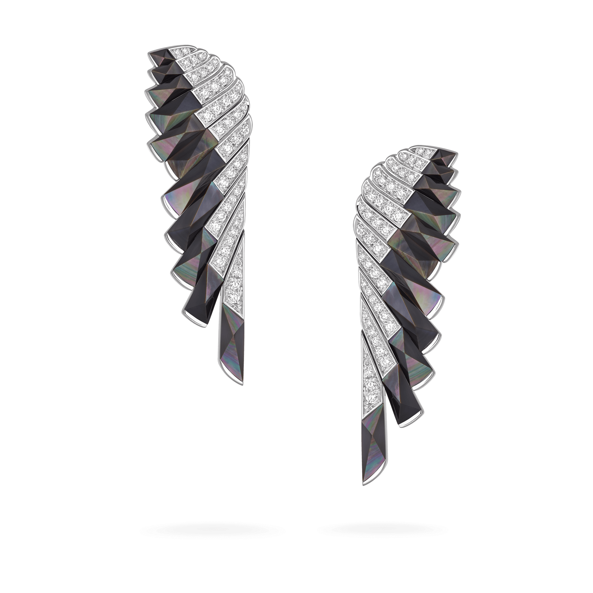 Garrard Wings Jewellery Collection Rising Black Mother of Pearl and Diamond Earrings In 18ct White Gold, 2018617, Hero View