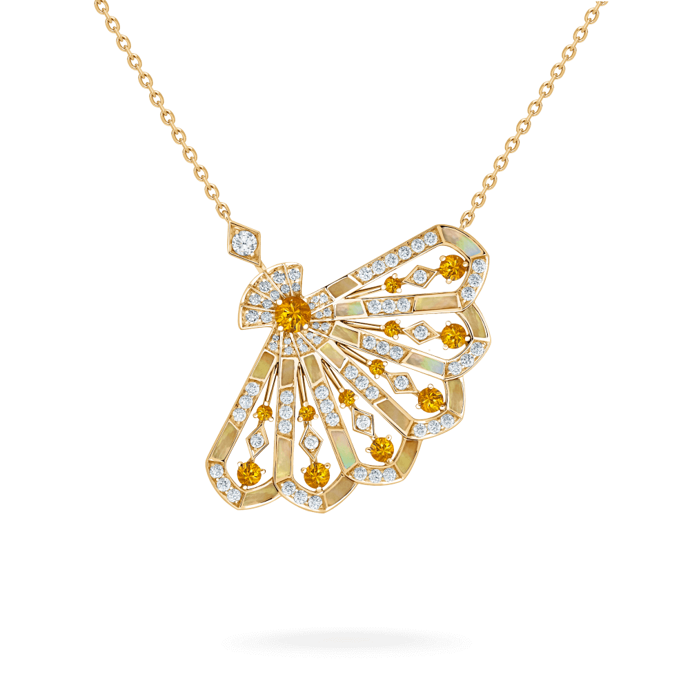 Garrard Fanfare Jewellery Collection Symphony Diamond and Orange Sapphire Pendant In 18ct Yellow Gold with Golden Mother of Pearl, 2018736, Hero View