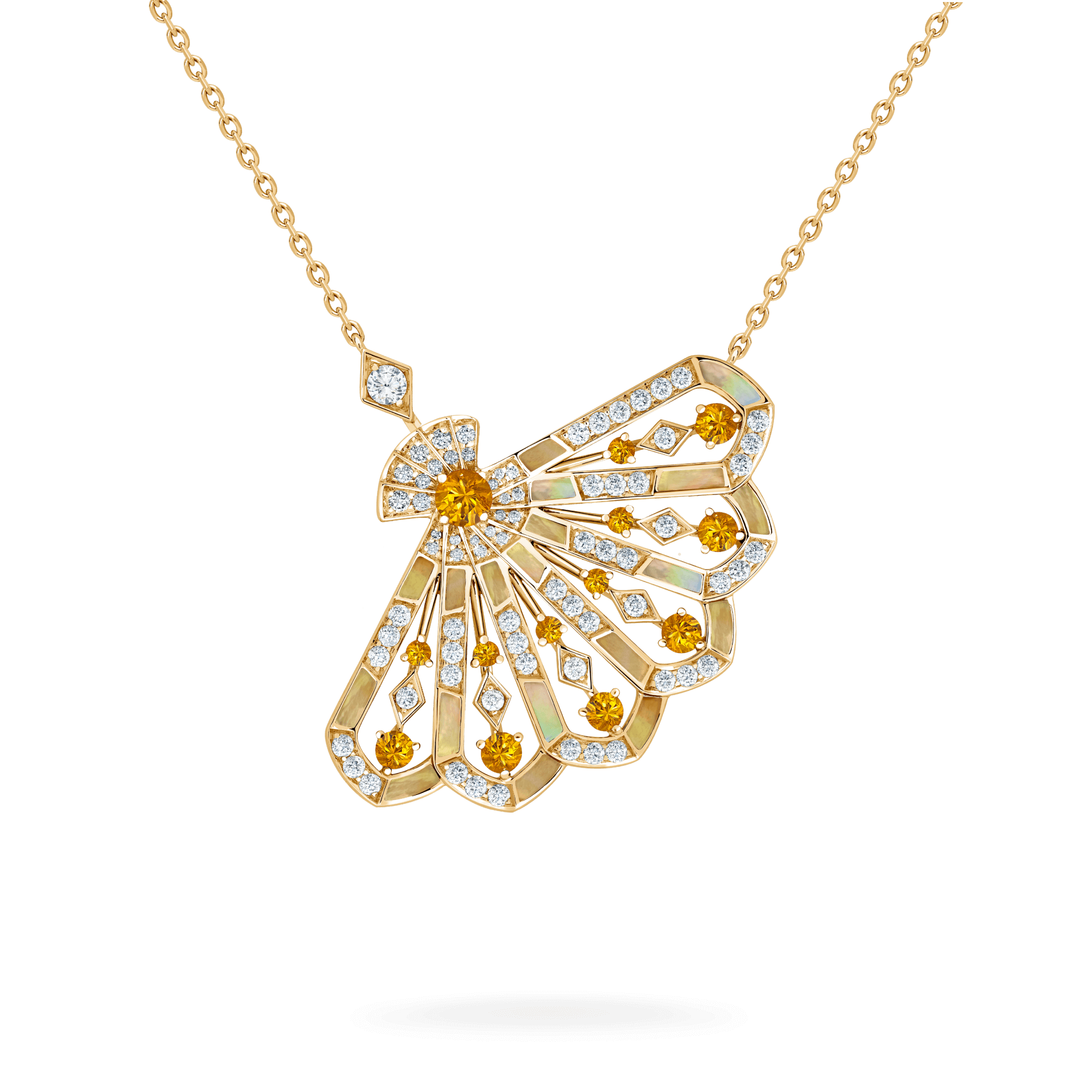 Garrard Fanfare Jewellery Collection Symphony Diamond and Orange Sapphire Pendant In 18ct Yellow Gold with Golden Mother of Pearl, 2018736, Hero View