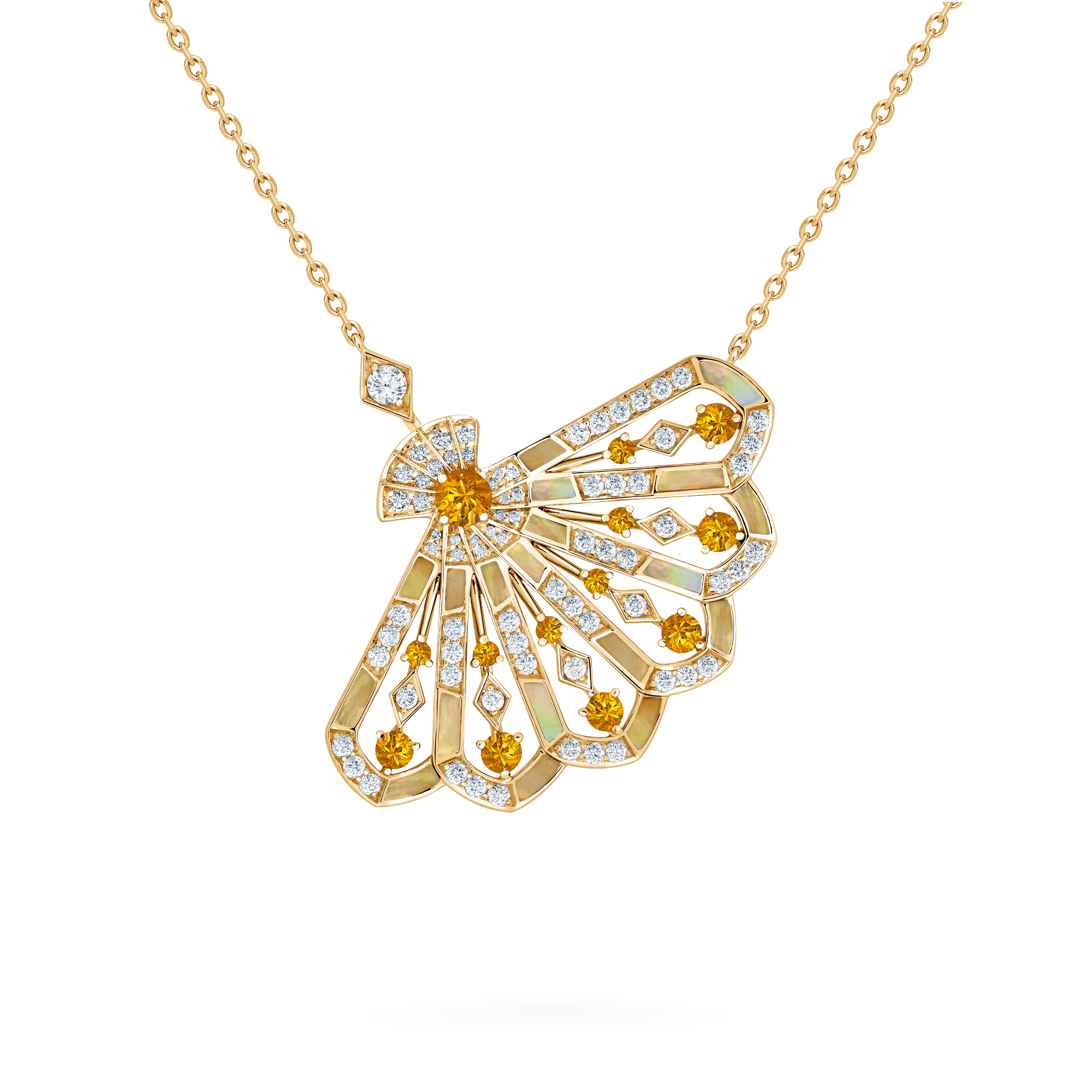 Garrard Fanfare Jewellery Collection Symphony Diamond and Orange Sapphire Pendant In 18ct Yellow Gold with Golden Mother of Pearl, 2018736, Hero View Garrard Fanfare Jewellery Collection Symphony Diamond and Orange Sapphire Pendant In 18ct Yellow Gold with Golden Mother of Pearl, 2018736, Hero View