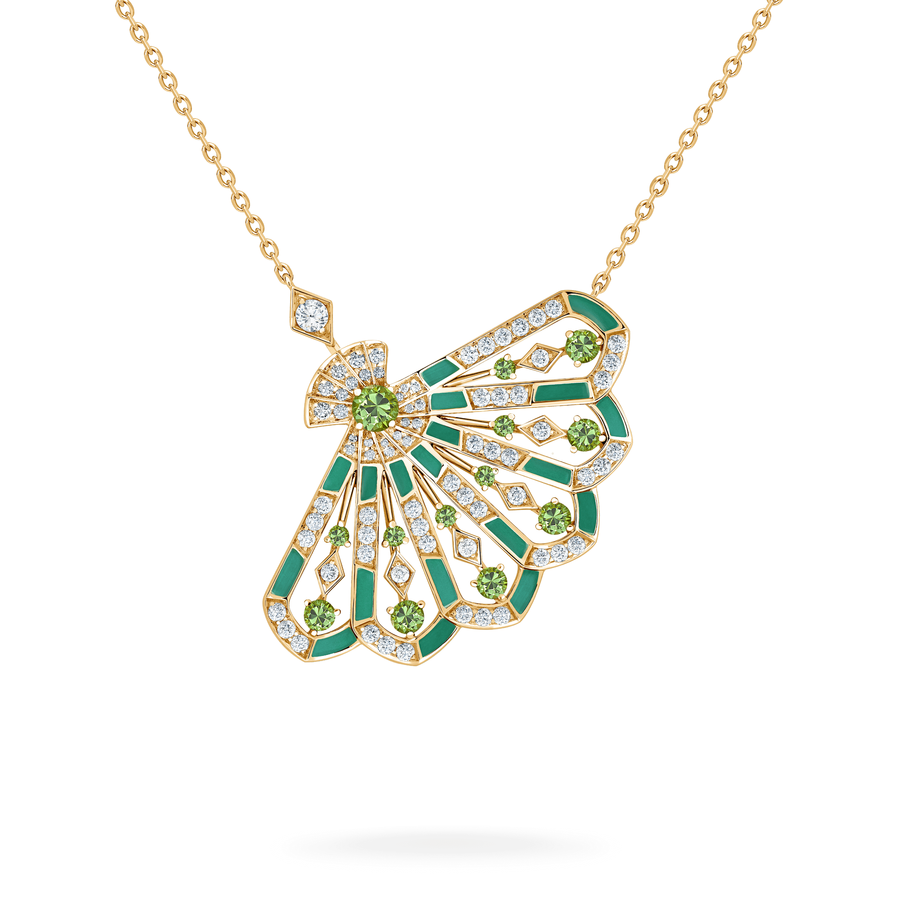 Garrard Fanfare Jewellery Collection Symphony Diamond and Tsavorite Pendant In 18ct Yellow Gold with Apple Malachite, 2018737, Hero View Garrard Fanfare Jewellery Collection Symphony Diamond and Tsavorite Pendant In 18ct Yellow Gold with Apple Malachite, 2018737, Hero View